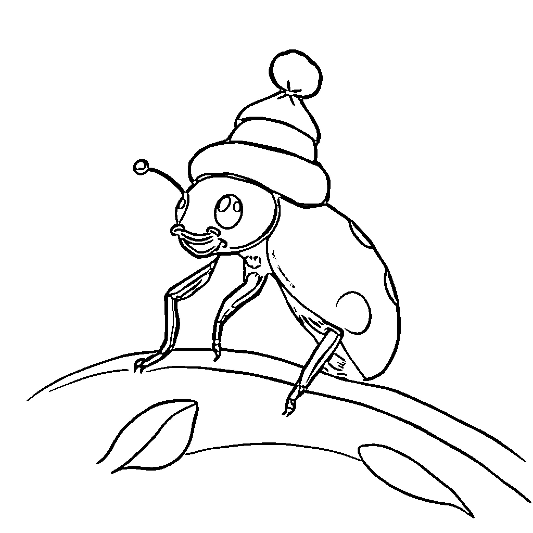 Ladybird happily riding a leaf in winter Coloring Page (free black-and-white line drawing printable PDF for all, from beginners to advanced learners, including children, teens, adults, and seniors)
