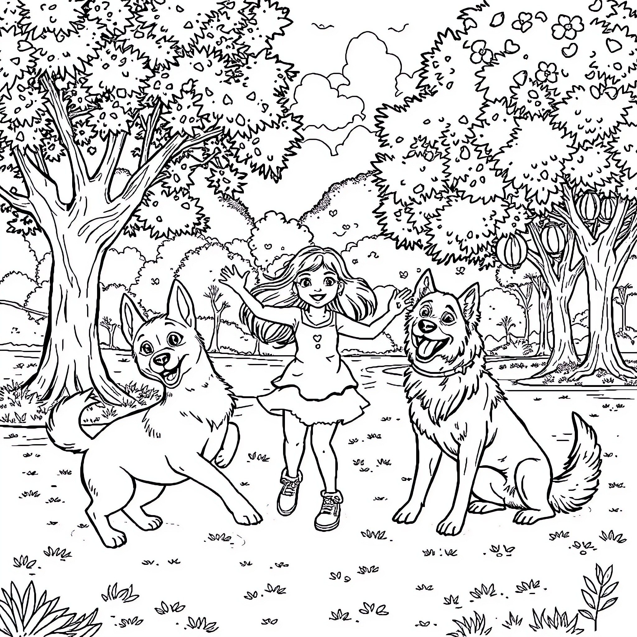 Nina's Woodland Adventure with Her Canine Companions Coloring Page (free black-and-white line drawing printable PDF for all, from beginners to advanced learners, including children, teens, adults, and seniors)