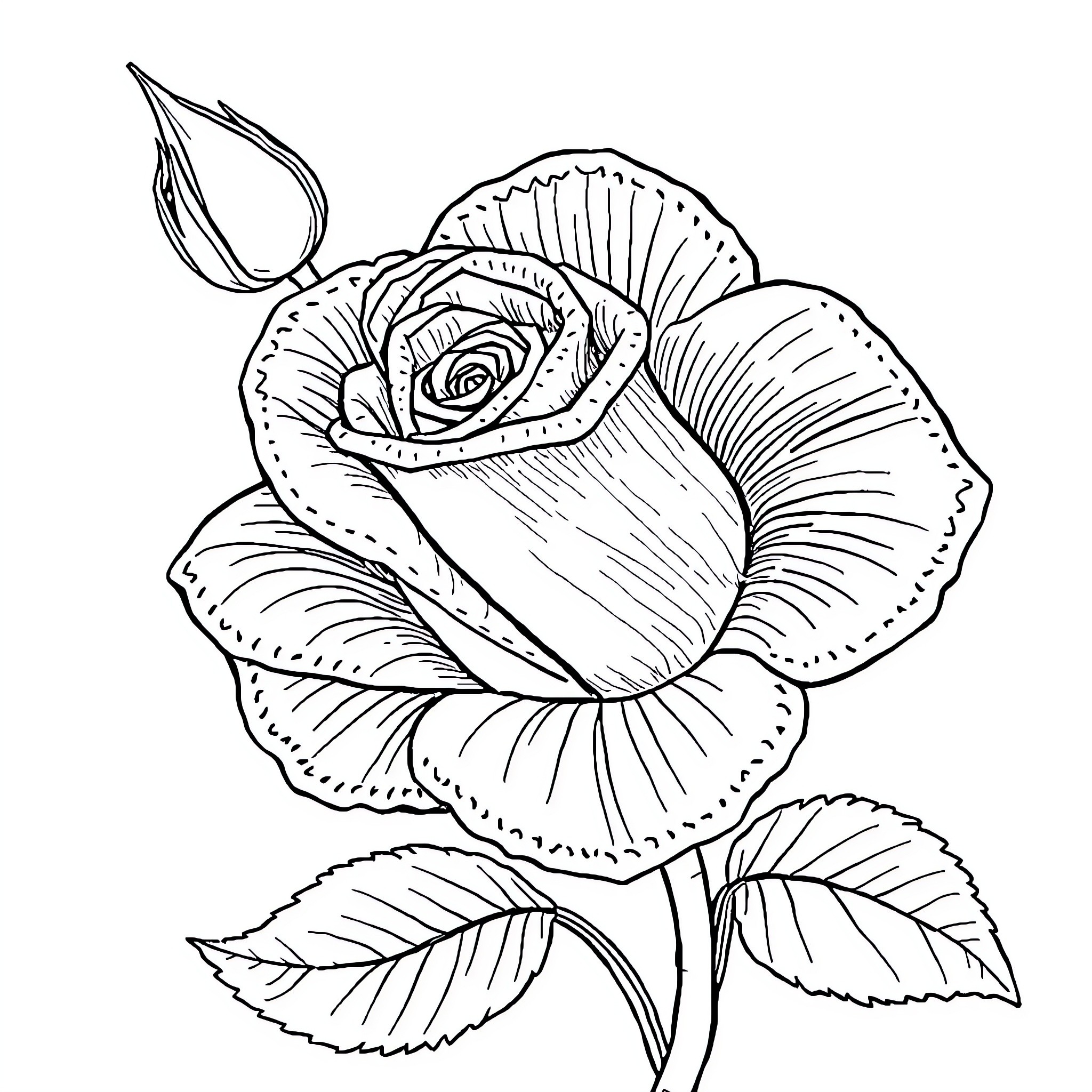 Rose flower in bloom with detailed petals Coloring Page (free black-and-white line drawing printable PDF for all, from beginners to advanced learners, including children, teens, adults, and seniors)