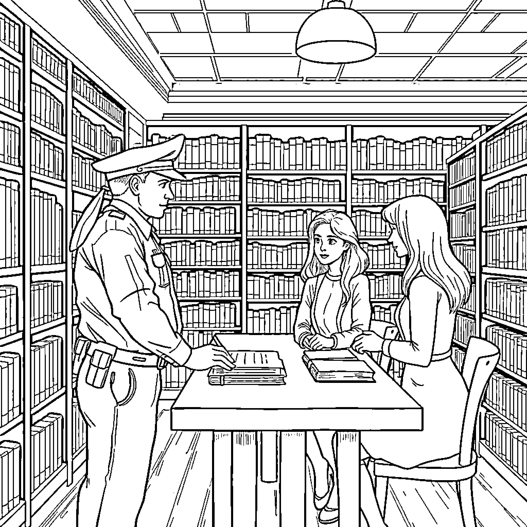 Police Officer Assisting Students in Library Coloring Page (free black-and-white line drawing printable PDF for all, from beginners to advanced learners, including children, teens, adults, and seniors)