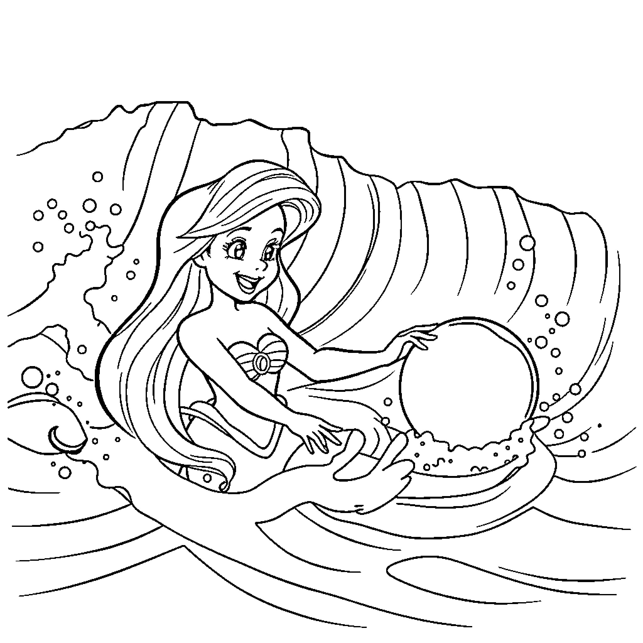 Ariel exploring the underwater world Coloring Page (free black-and-white line drawing printable PDF for all, from beginners to advanced learners, including children, teens, adults, and seniors)