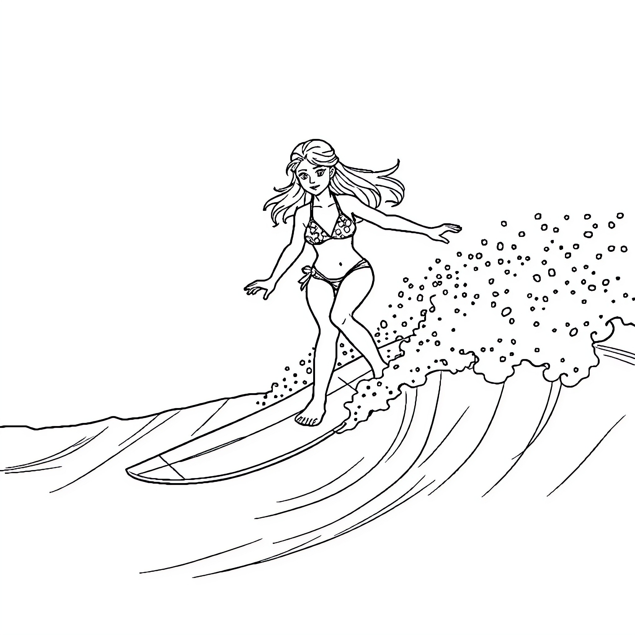 Bikini Girl surfing on ocean waves Coloring Page (free black-and-white line drawing printable PDF for all, from beginners to advanced learners, including children, teens, adults, and seniors)