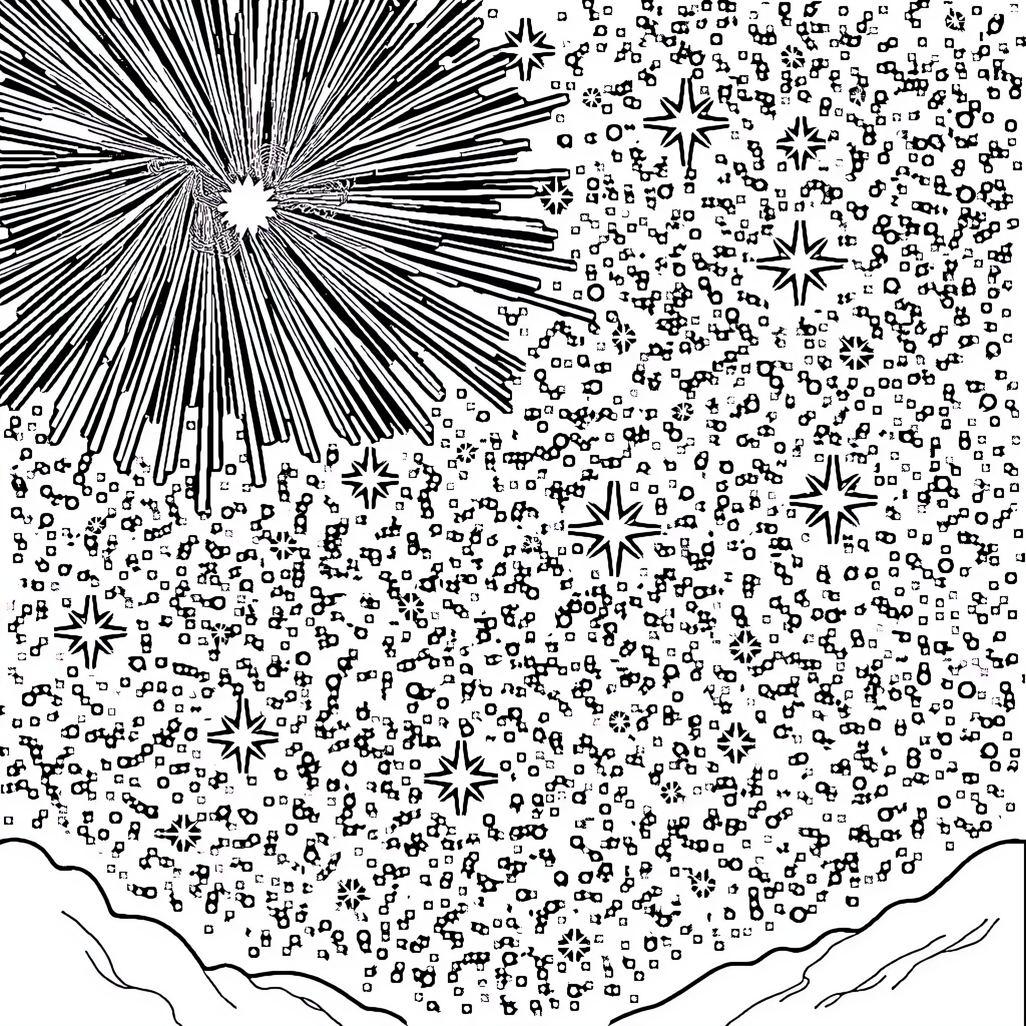 Star-filled Night Sky Above Mountains Coloring Page (free black-and-white line drawing printable PDF for all, from beginners to advanced learners, including children, teens, adults, and seniors)