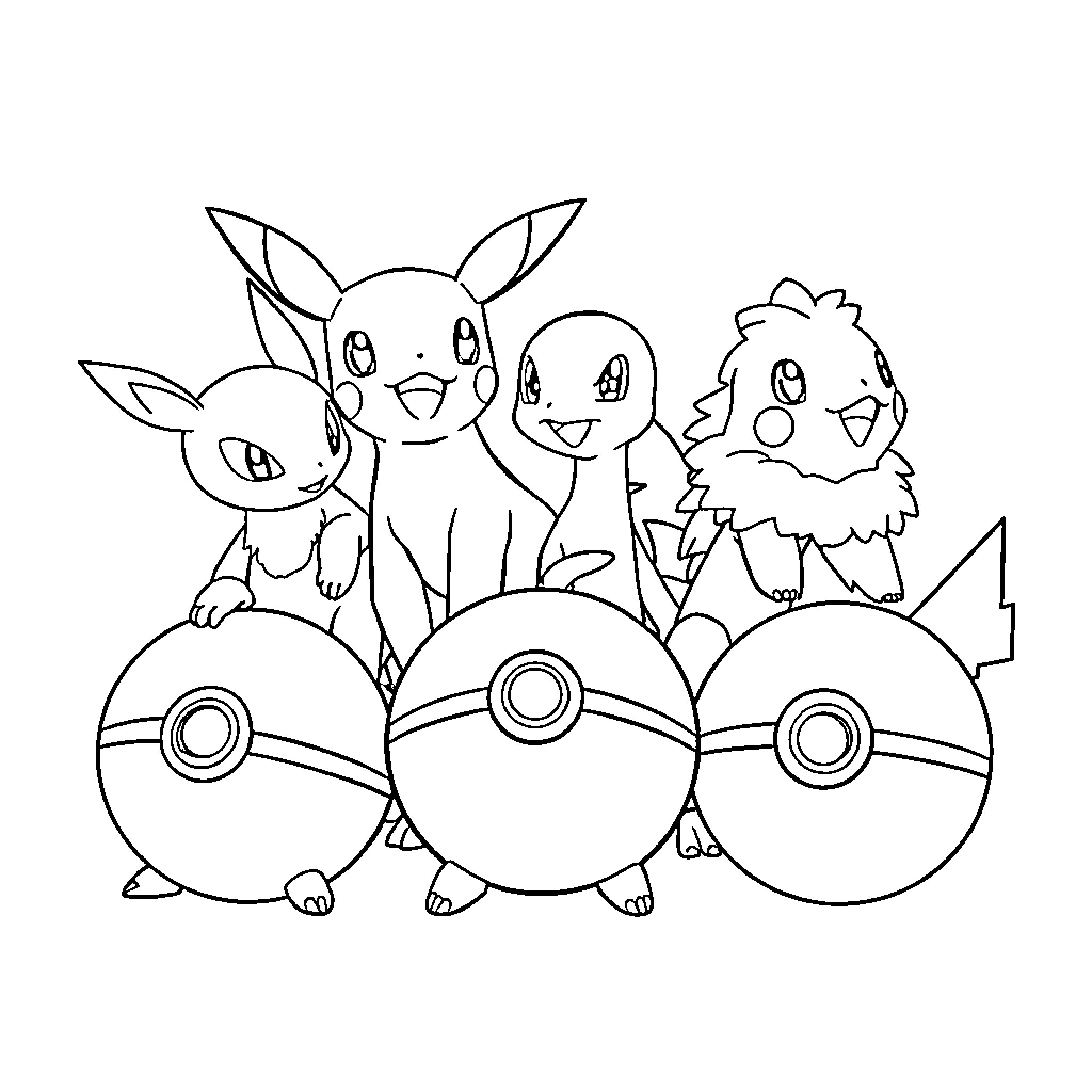 Pokémon characters playing with Pokéballs Coloring Page (free black-and-white line drawing printable PDF for all, from beginners to advanced learners, including children, teens, adults, and seniors)