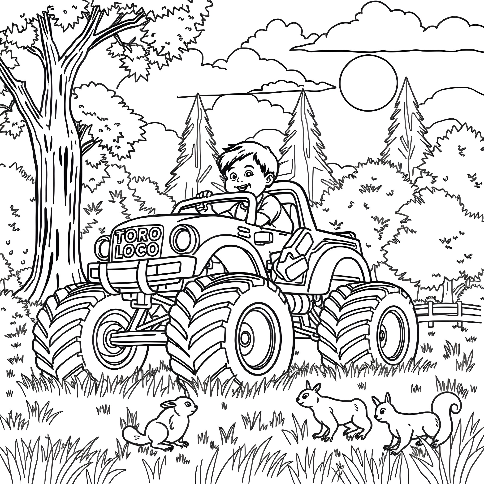 Boy driving a monster truck in the forest Coloring Page (free black-and-white line drawing printable PDF for all, from beginners to advanced learners, including children, teens, adults, and seniors)