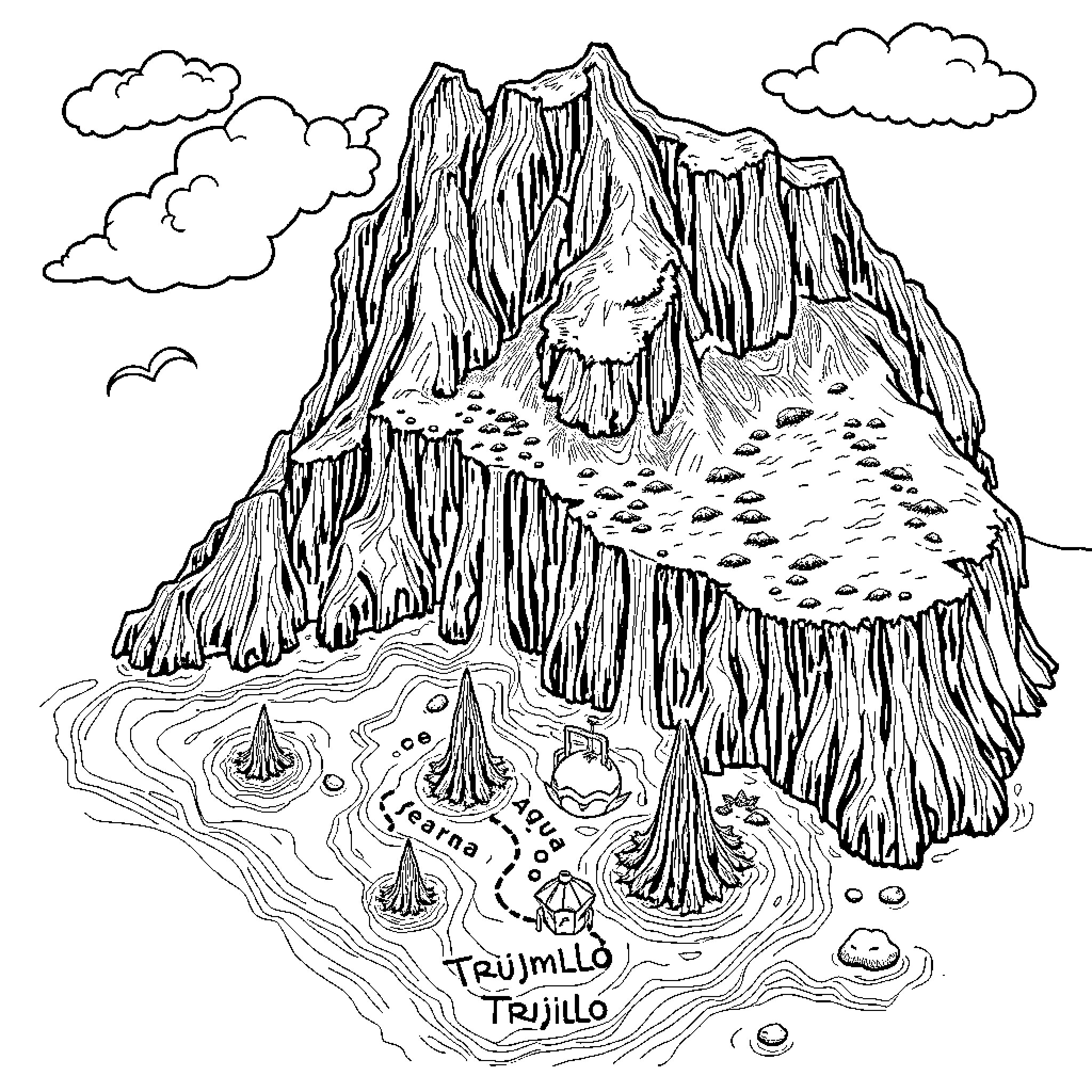 Map of an Imaginary Mountainous Landscape Coloring Page (free black-and-white line drawing printable PDF for all, from beginners to advanced learners, including children, teens, adults, and seniors)