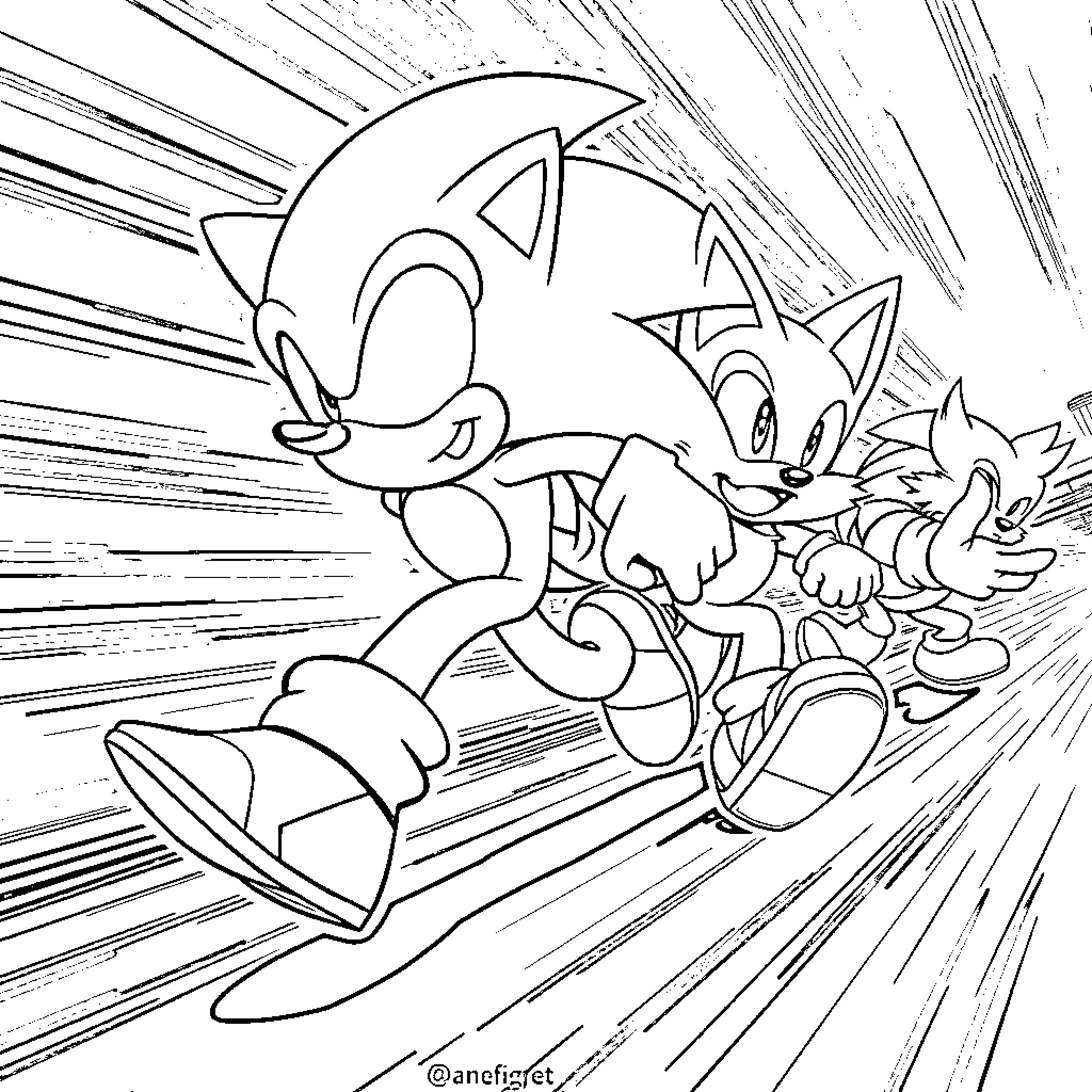 Sonic racing at high speed with animal companions Coloring Page (free black-and-white line drawing printable PDF for all, from beginners to advanced learners, including children, teens, adults, and seniors)