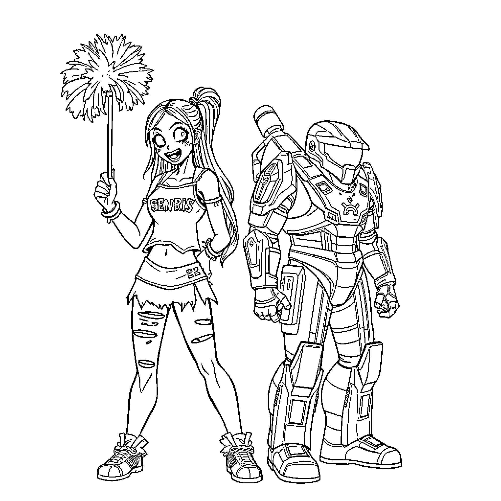 Zombie Cheerleader in Futuristic Robot Encounter Coloring Page (free black-and-white line drawing printable PDF for all, from beginners to advanced learners, including children, teens, adults, and seniors)