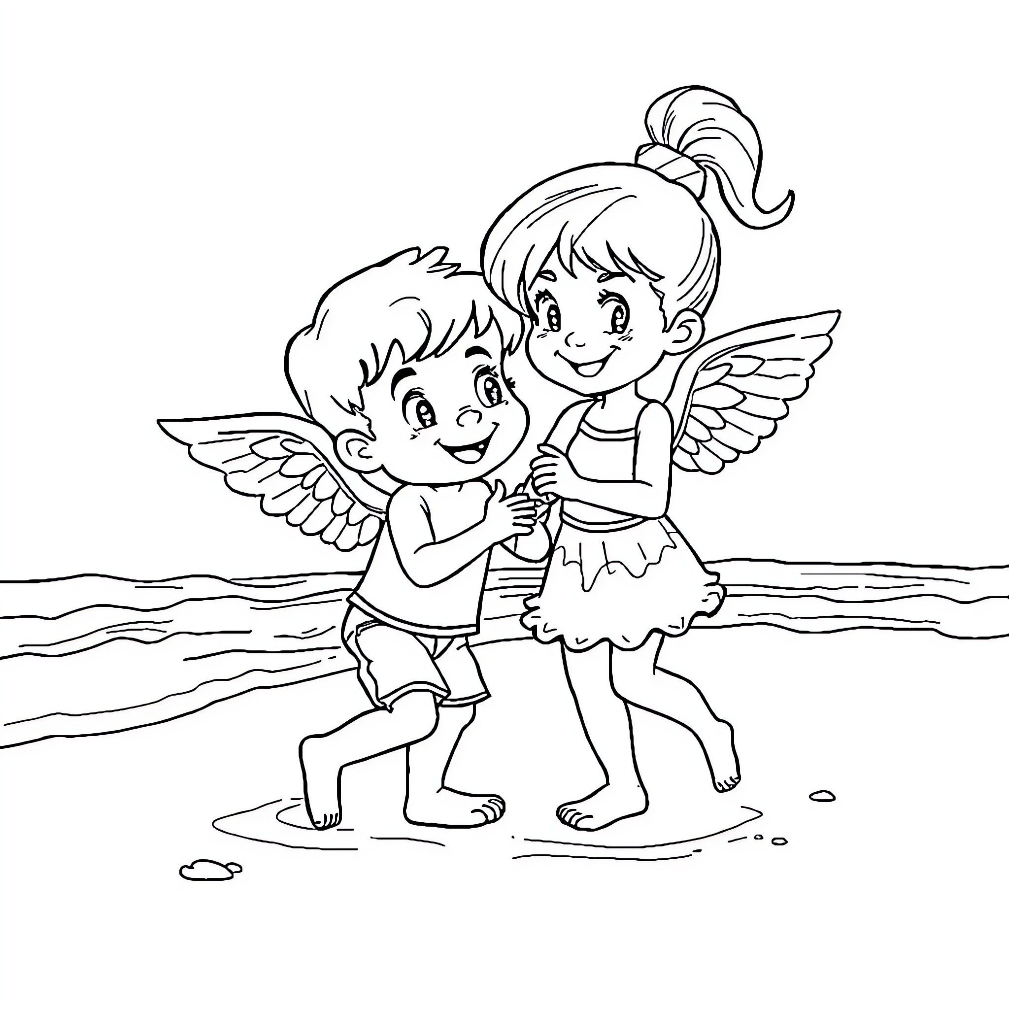 Switch Playing Angels at the Beach Coloring Page (free black-and-white line drawing printable PDF for all, from beginners to advanced learners, including children, teens, adults, and seniors)