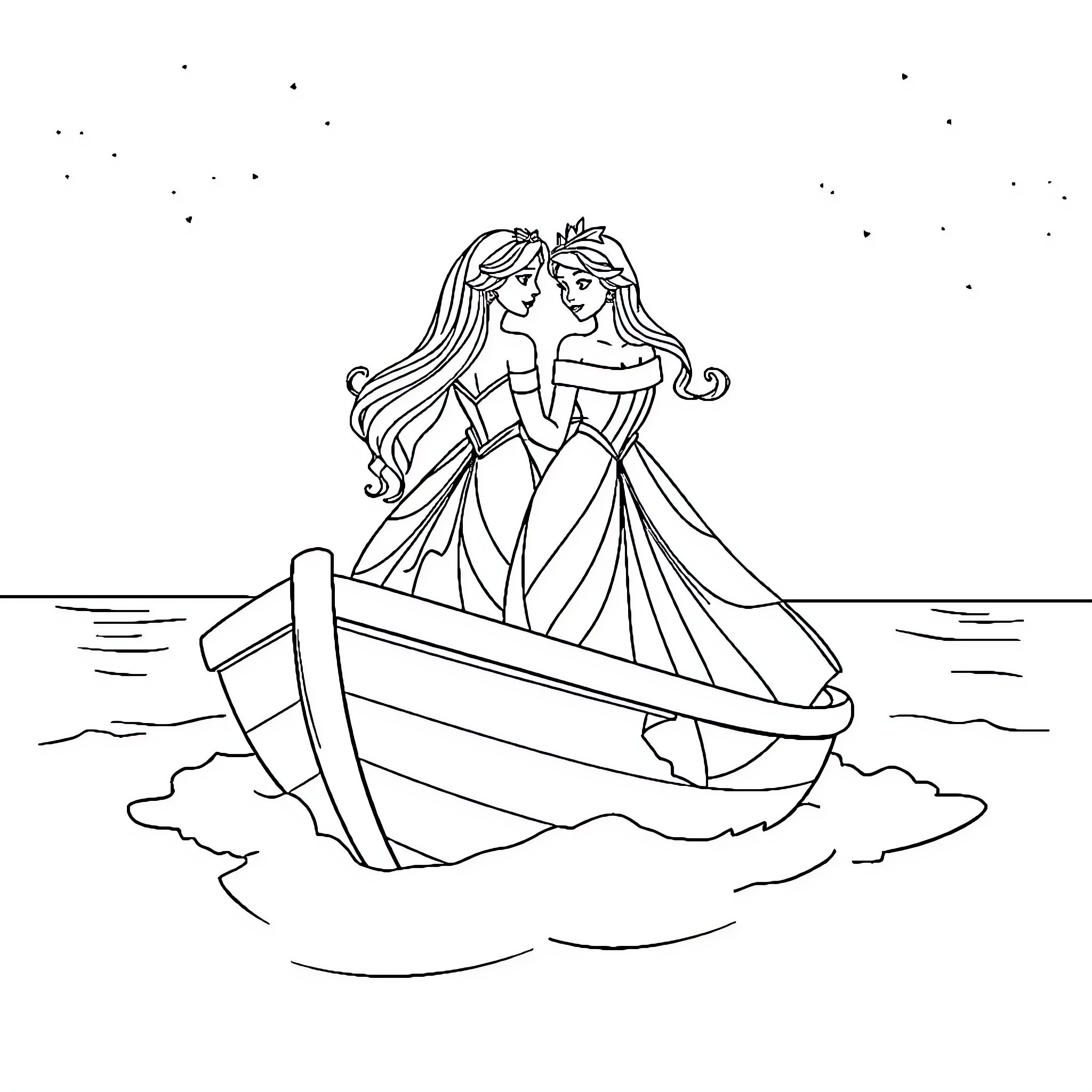 Princess Pair Sharing a Tender Moment in a Boat Coloring Page (free black-and-white line drawing printable PDF for all, from beginners to advanced learners, including children, teens, adults, and seniors)