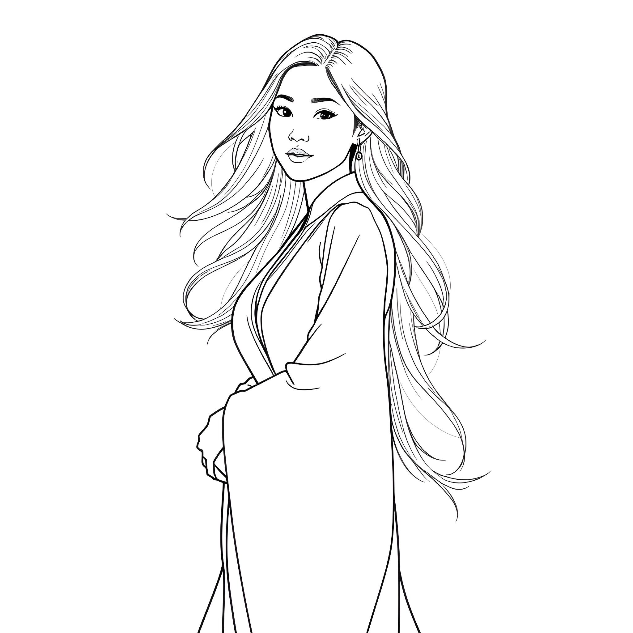 Woman in a flowing robe with long, wavy hair Coloring Page (free black-and-white line drawing printable PDF for all, from beginners to advanced learners, including children, teens, adults, and seniors)