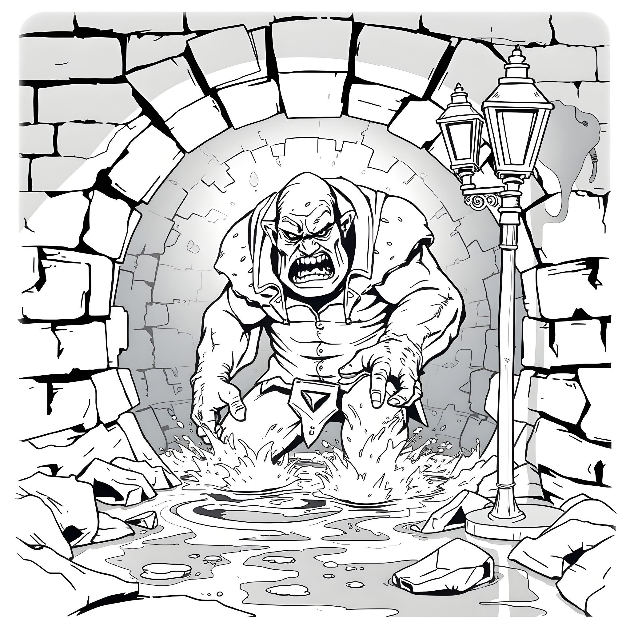 Solomon Grundy emerges from a dark dungeon Coloring Page (free black-and-white line drawing printable PDF for all, from beginners to advanced learners, including children, teens, adults, and seniors)