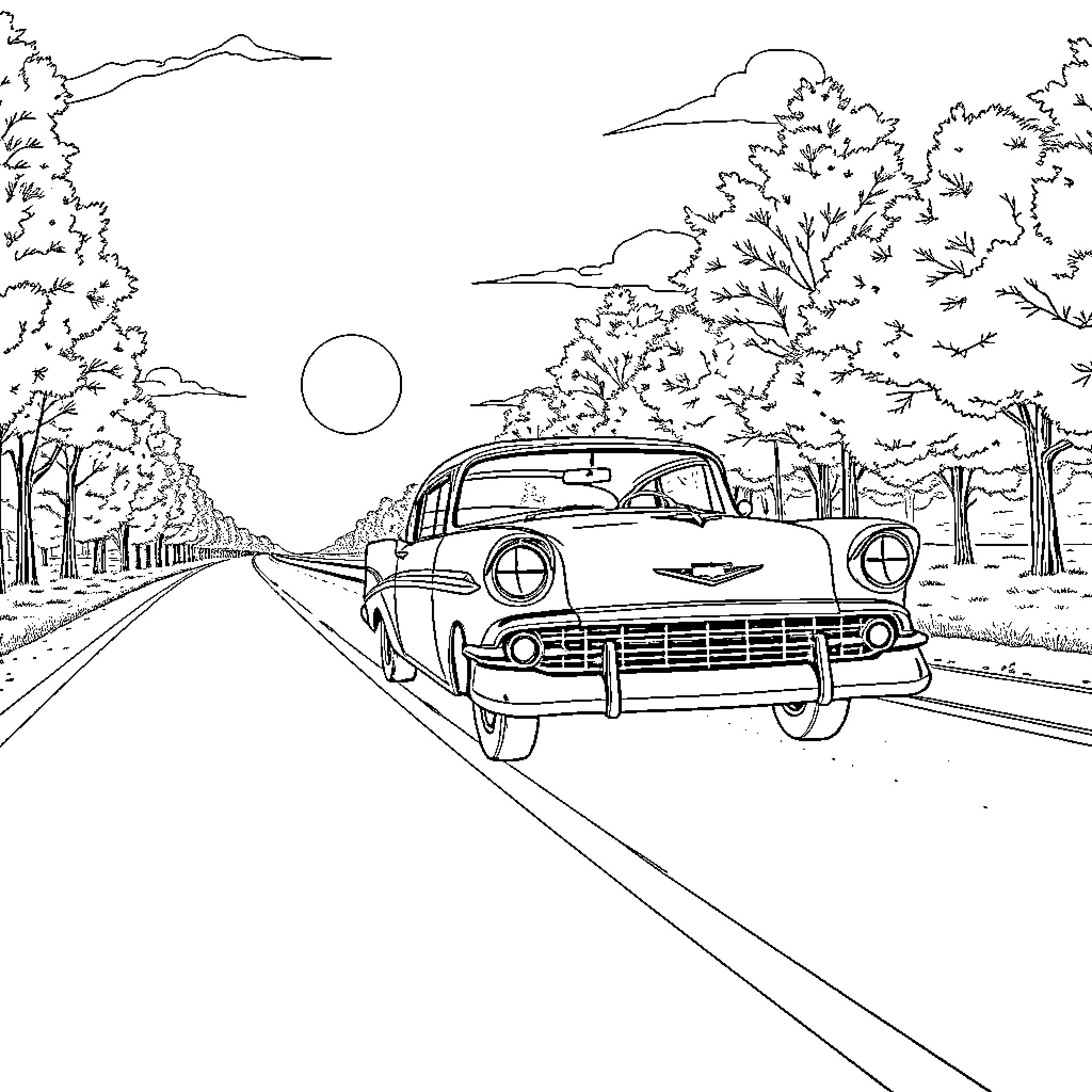 Chevy classic car driving down tree-lined road Coloring Page (free black-and-white line drawing printable PDF for all, from beginners to advanced learners, including children, teens, adults, and seniors)