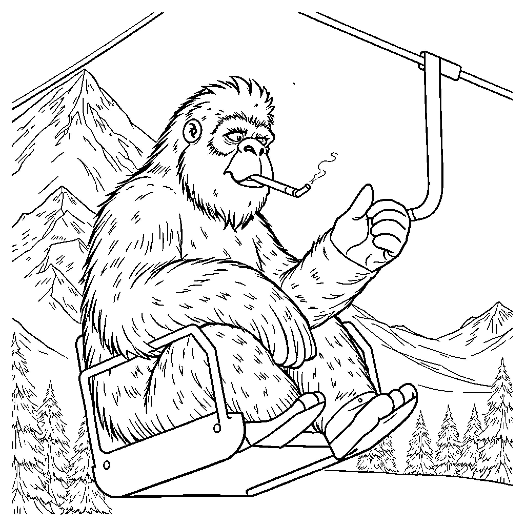 Yeti enjoying a pipe on the snowy mountain Coloring Page (free black-and-white line drawing printable PDF for all, from beginners to advanced learners, including children, teens, adults, and seniors)