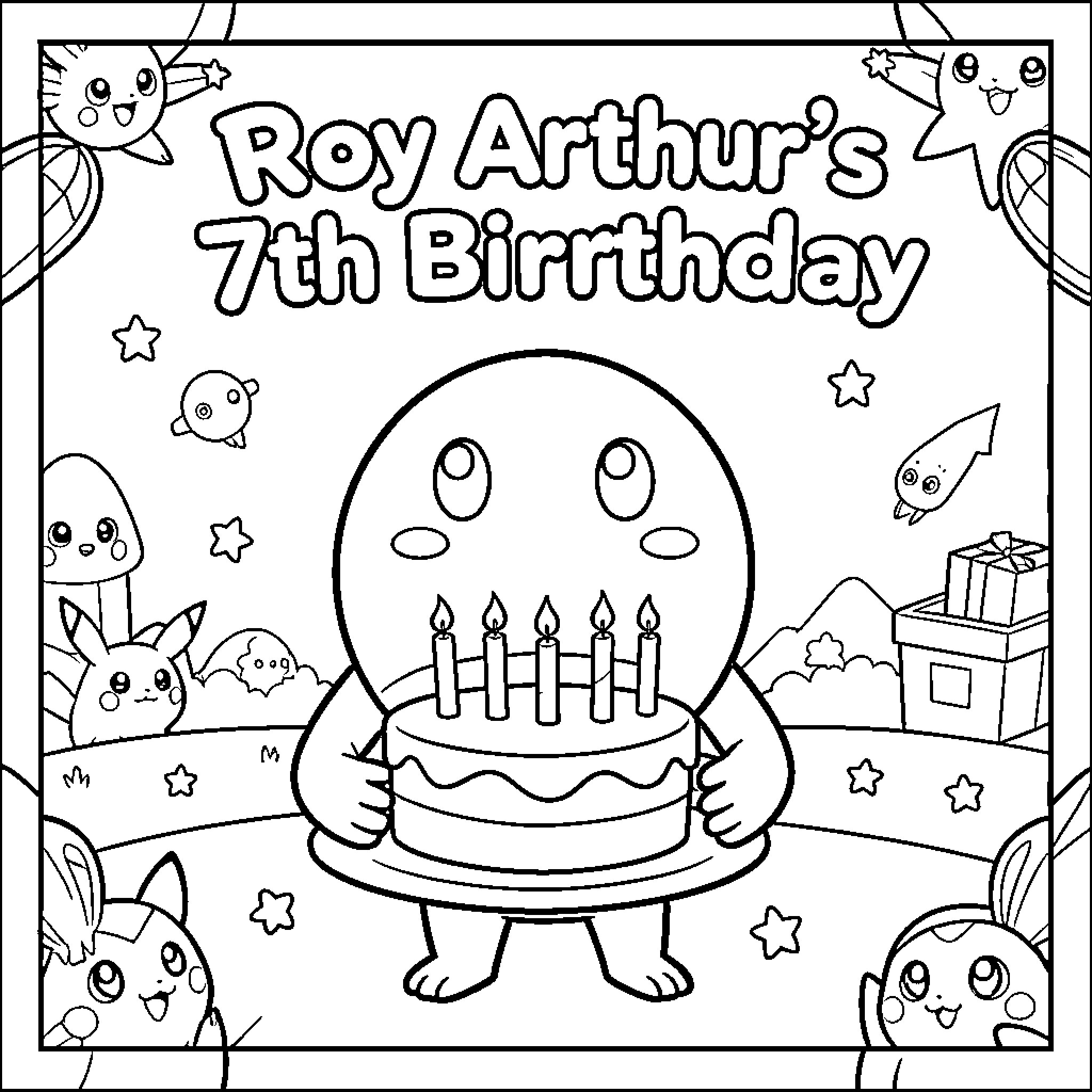 Invitation to celebrate a birthday with a cake and characters Coloring Page (free black-and-white line drawing printable PDF for all, from beginners to advanced learners, including children, teens, adults, and seniors)
