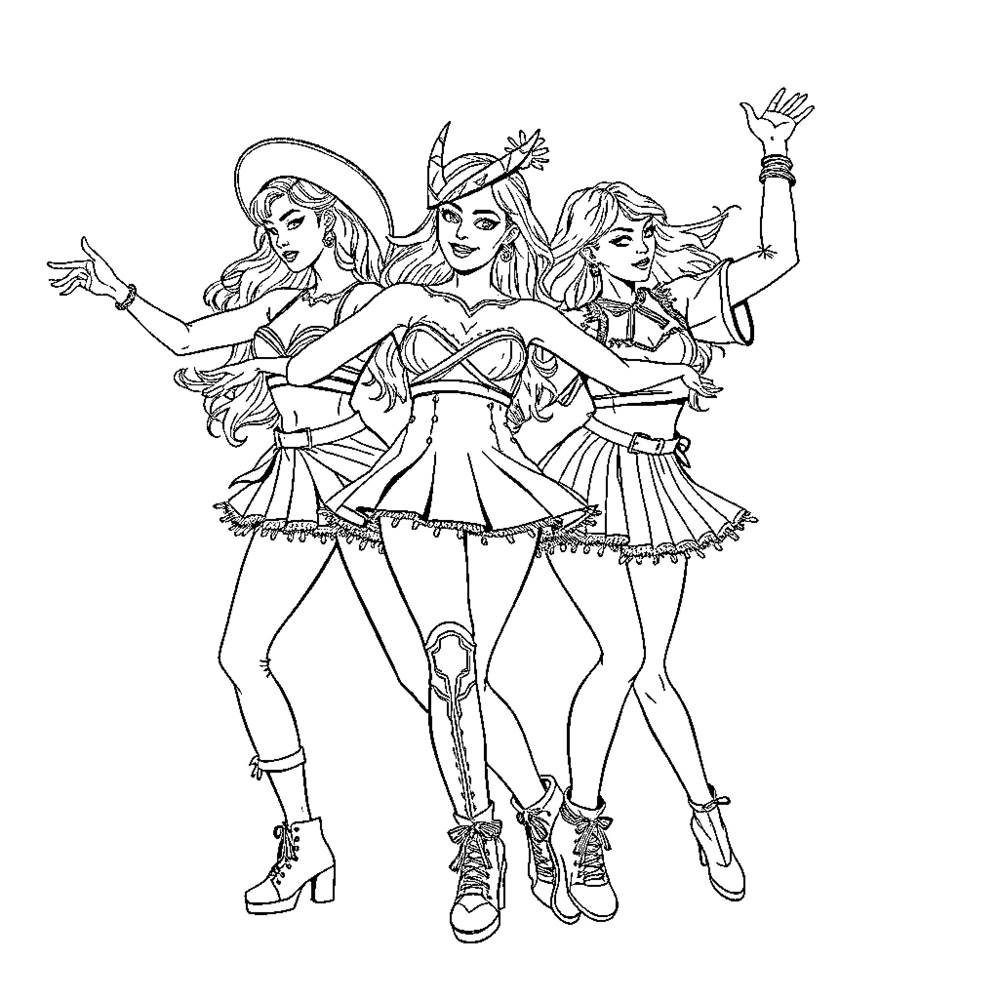 K Pop Warrior Women Performing on Stage Coloring Page (free black-and-white line drawing printable PDF for all, from beginners to advanced learners, including children, teens, adults, and seniors)