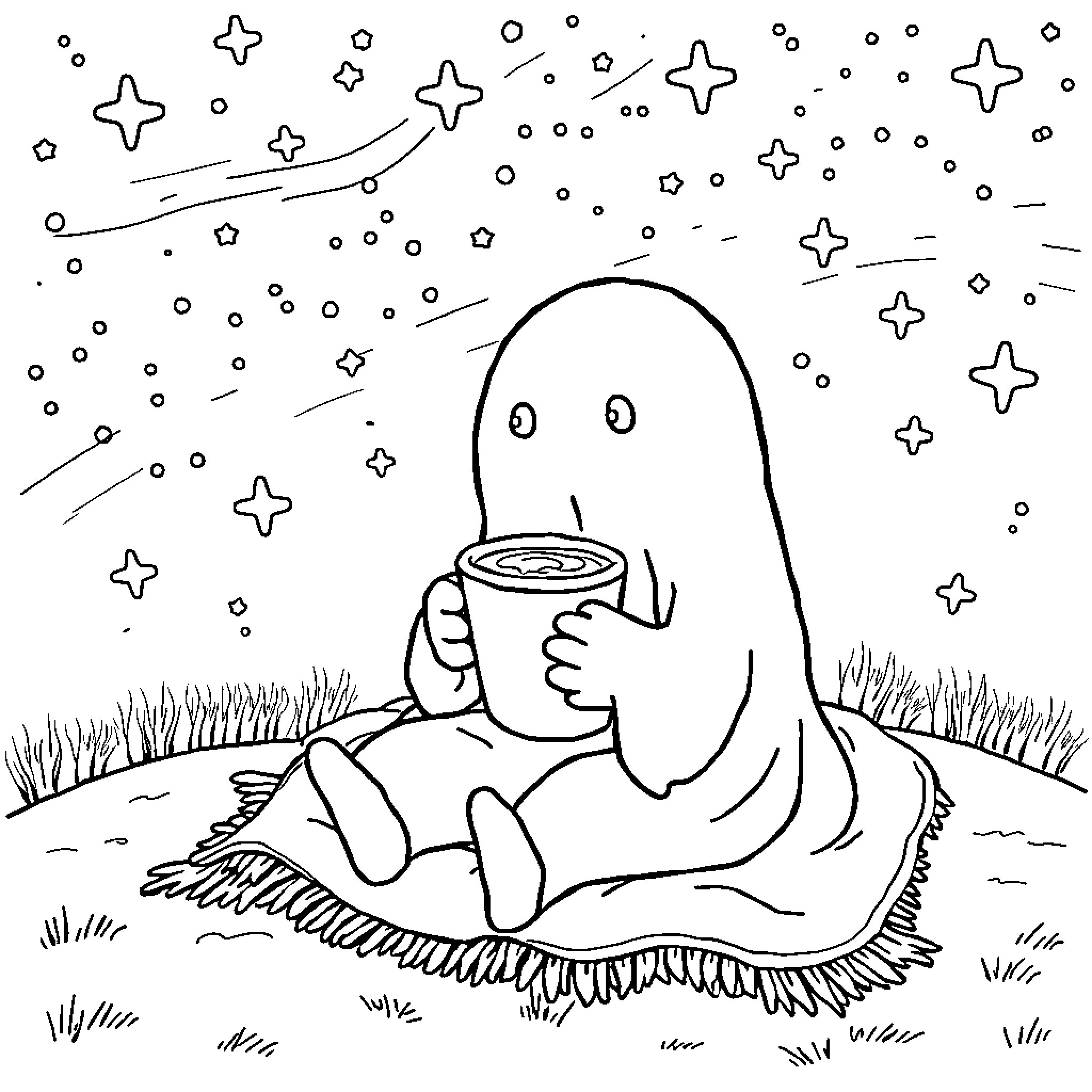 Ghost enjoying a warm beverage under the starry night sky Coloring Page (free black-and-white line drawing printable PDF for all, from beginners to advanced learners, including children, teens, adults, and seniors)