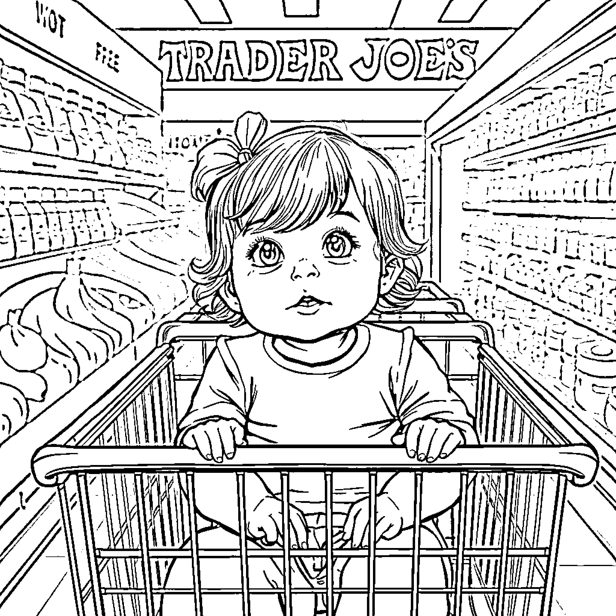 Girl in shopping cart exploring grocery store Coloring Page (free black-and-white line drawing printable PDF for all, from beginners to advanced learners, including children, teens, adults, and seniors)