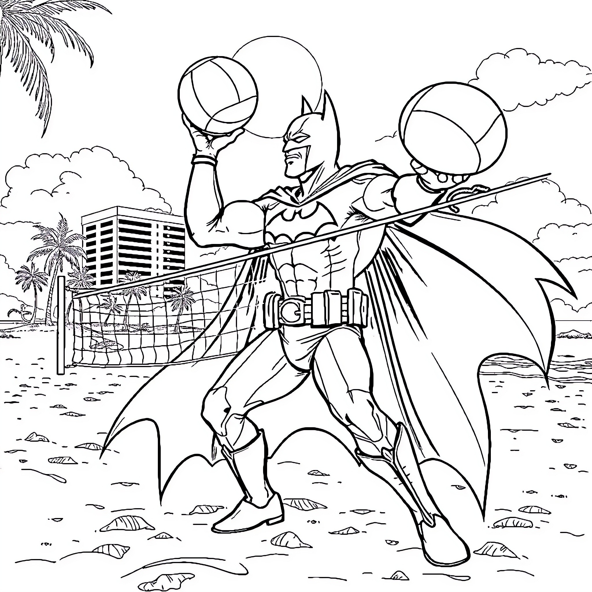 Batman Fighting Crime on the Beach Coloring Page (free black-and-white line drawing printable PDF for all, from beginners to advanced learners, including children, teens, adults, and seniors)