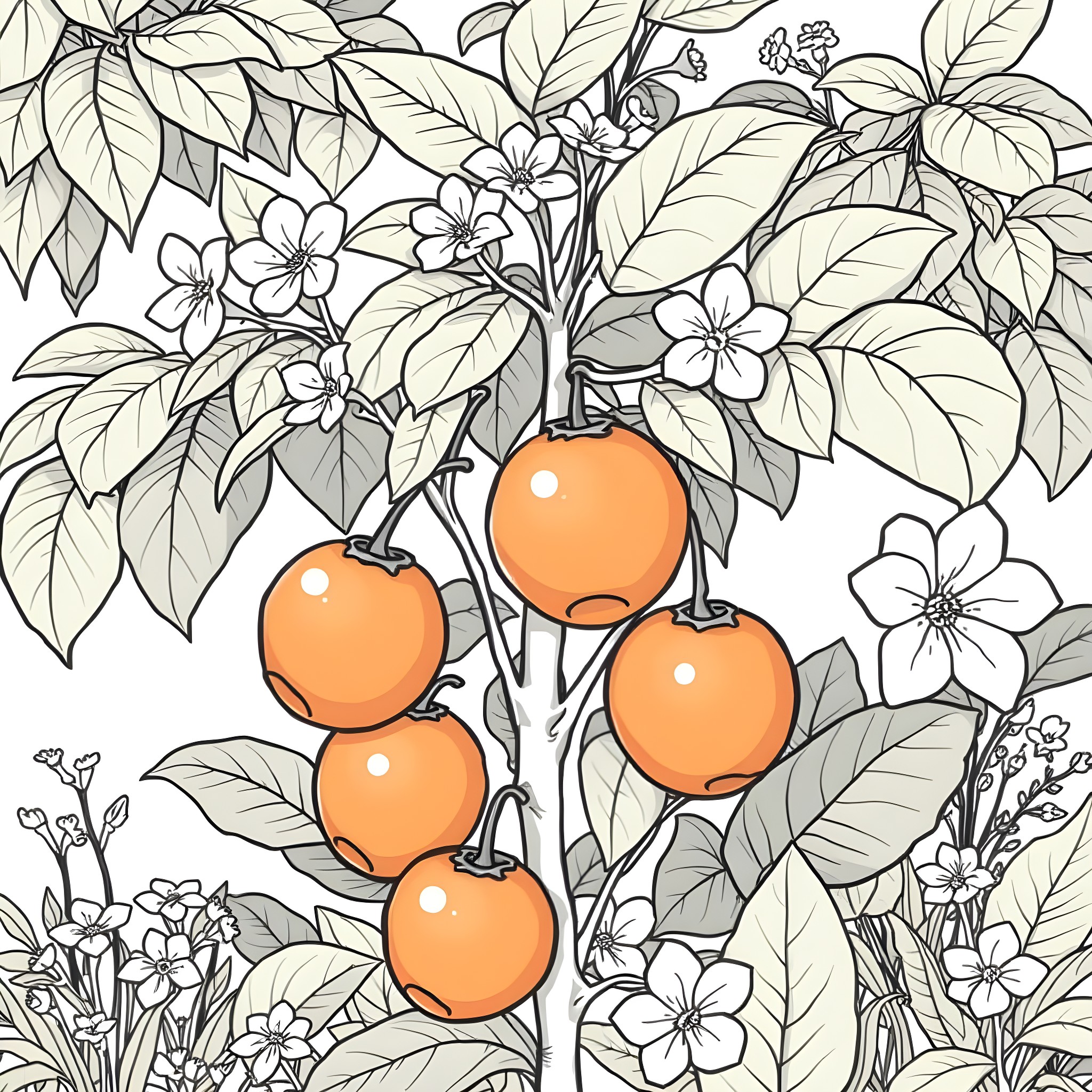 Catmon's Citrus Delight: A Floral Bounty Coloring Page (free black-and-white line drawing printable PDF for all, from beginners to advanced learners, including children, teens, adults, and seniors)