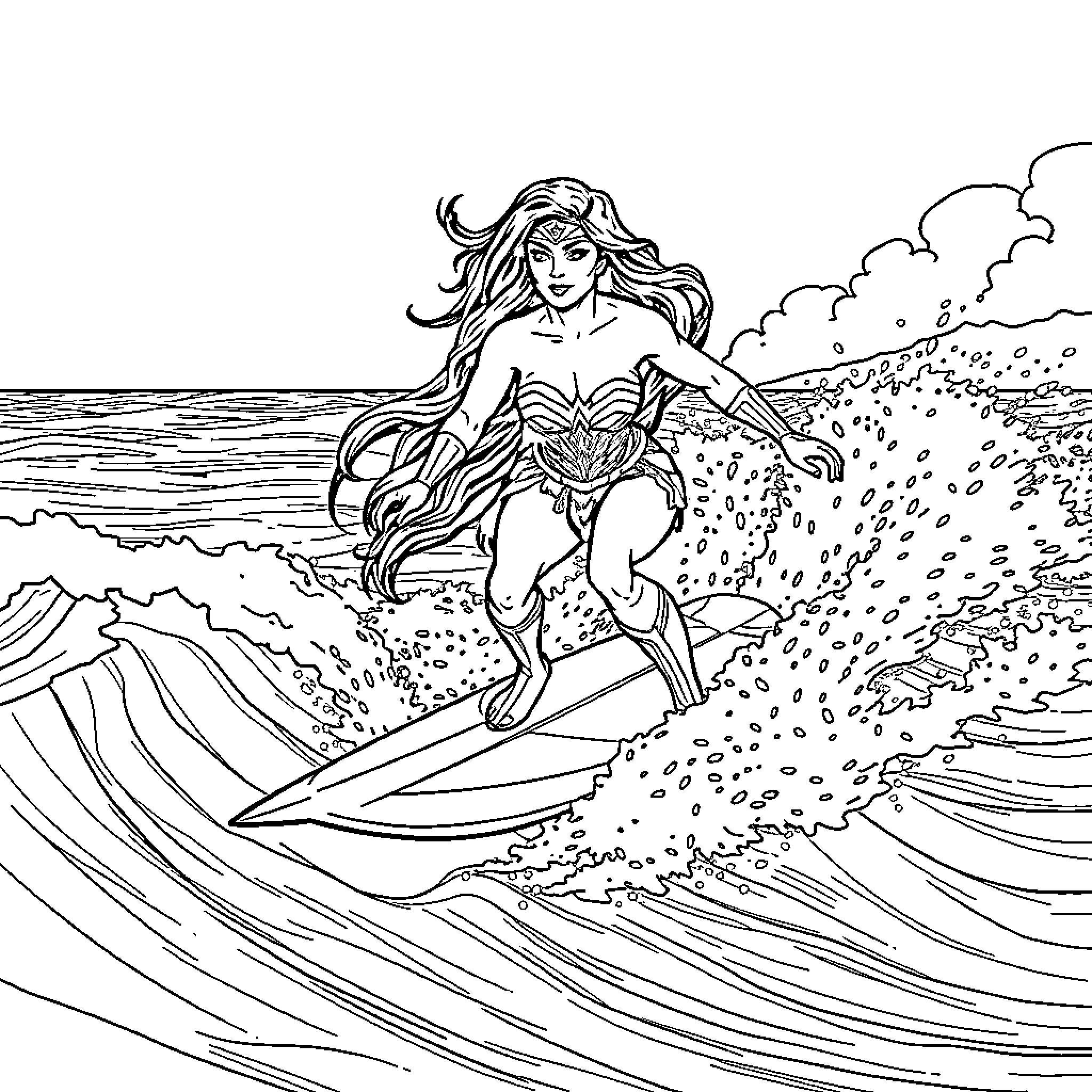 Wonder Woman surfing on the waves Coloring Page (free black-and-white line drawing printable PDF for all, from beginners to advanced learners, including children, teens, adults, and seniors)