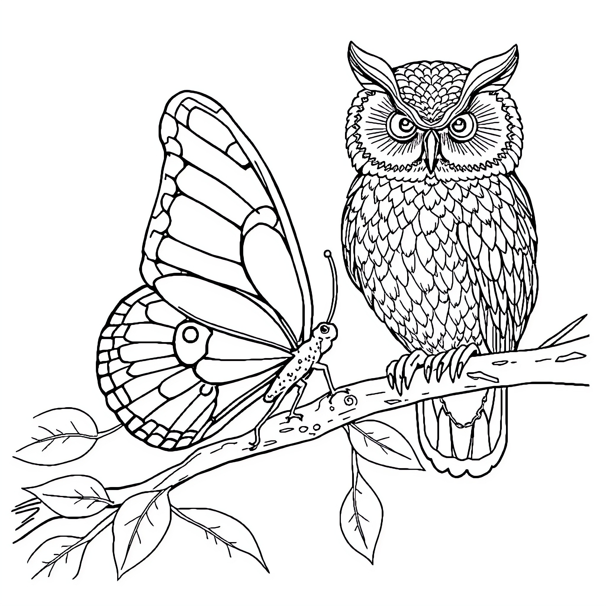 Butterfly and Owl Perched on Branch Coloring Page (free black-and-white line drawing printable PDF for all, from beginners to advanced learners, including children, teens, adults, and seniors)