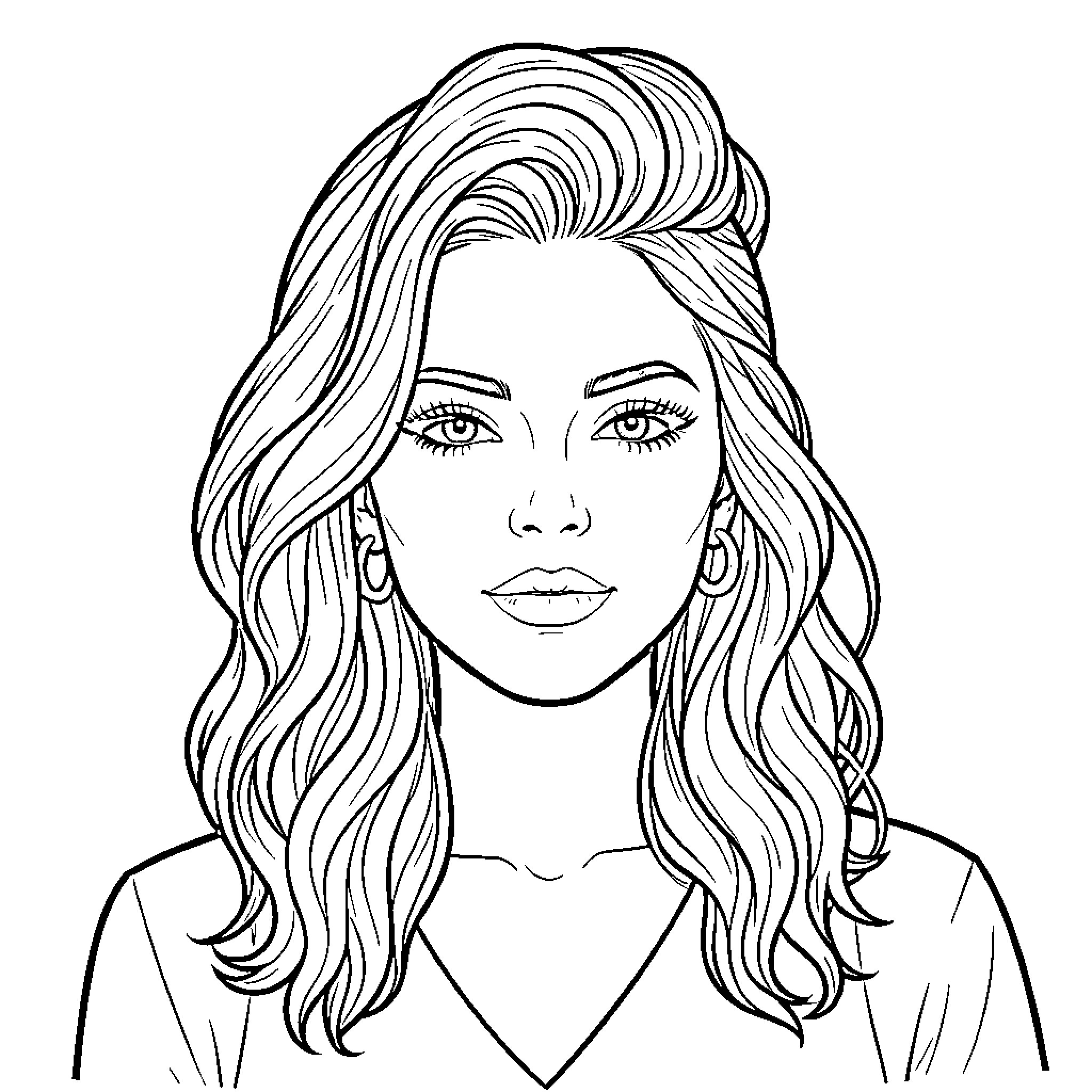 Sabrina Carpenter with wavy hair and a neutral expression Coloring Page (free black-and-white line drawing printable PDF for all, from beginners to advanced learners, including children, teens, adults, and seniors)