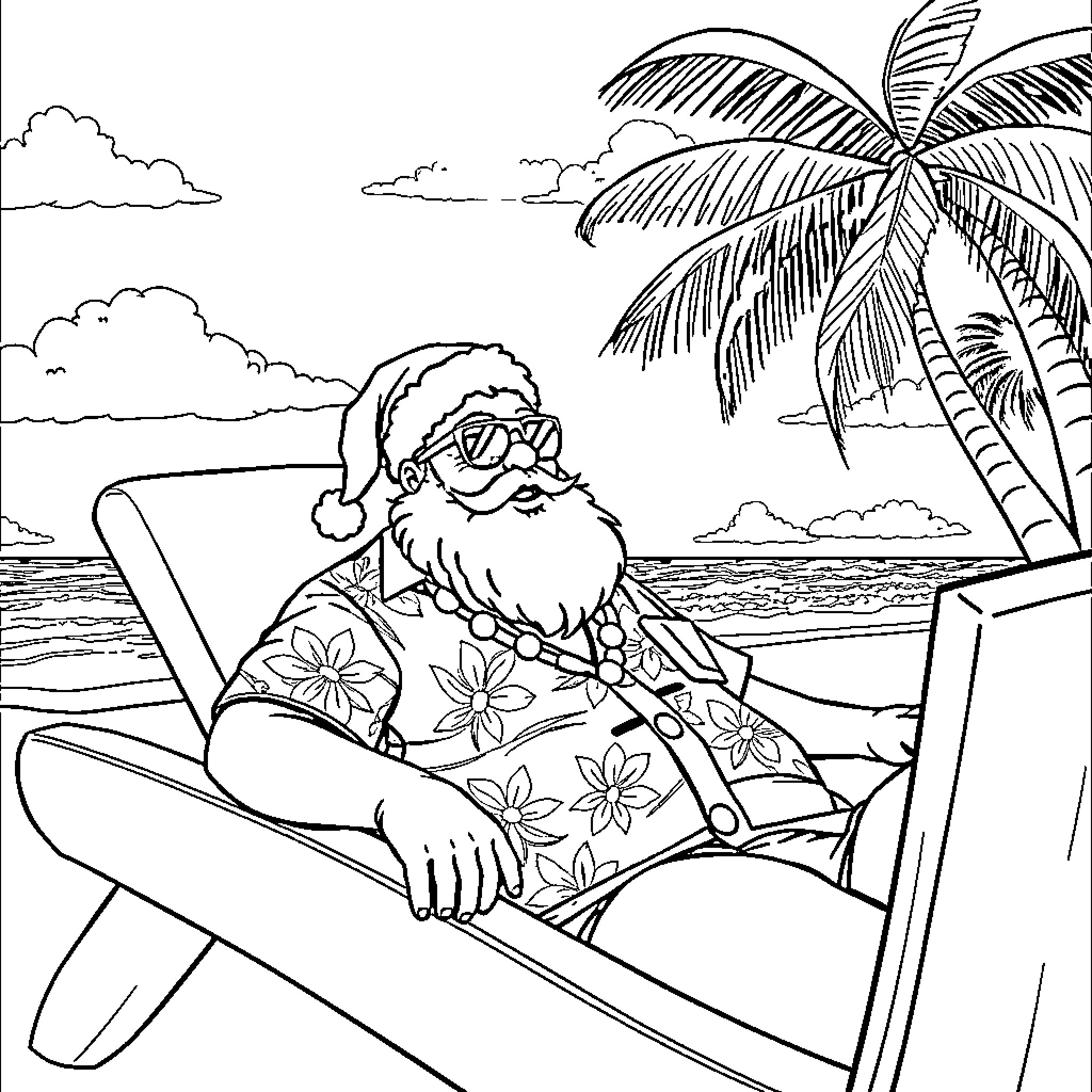 Santa relaxing on tropical beach chair Coloring Page (free black-and-white line drawing printable PDF for all, from beginners to advanced learners, including children, teens, adults, and seniors)