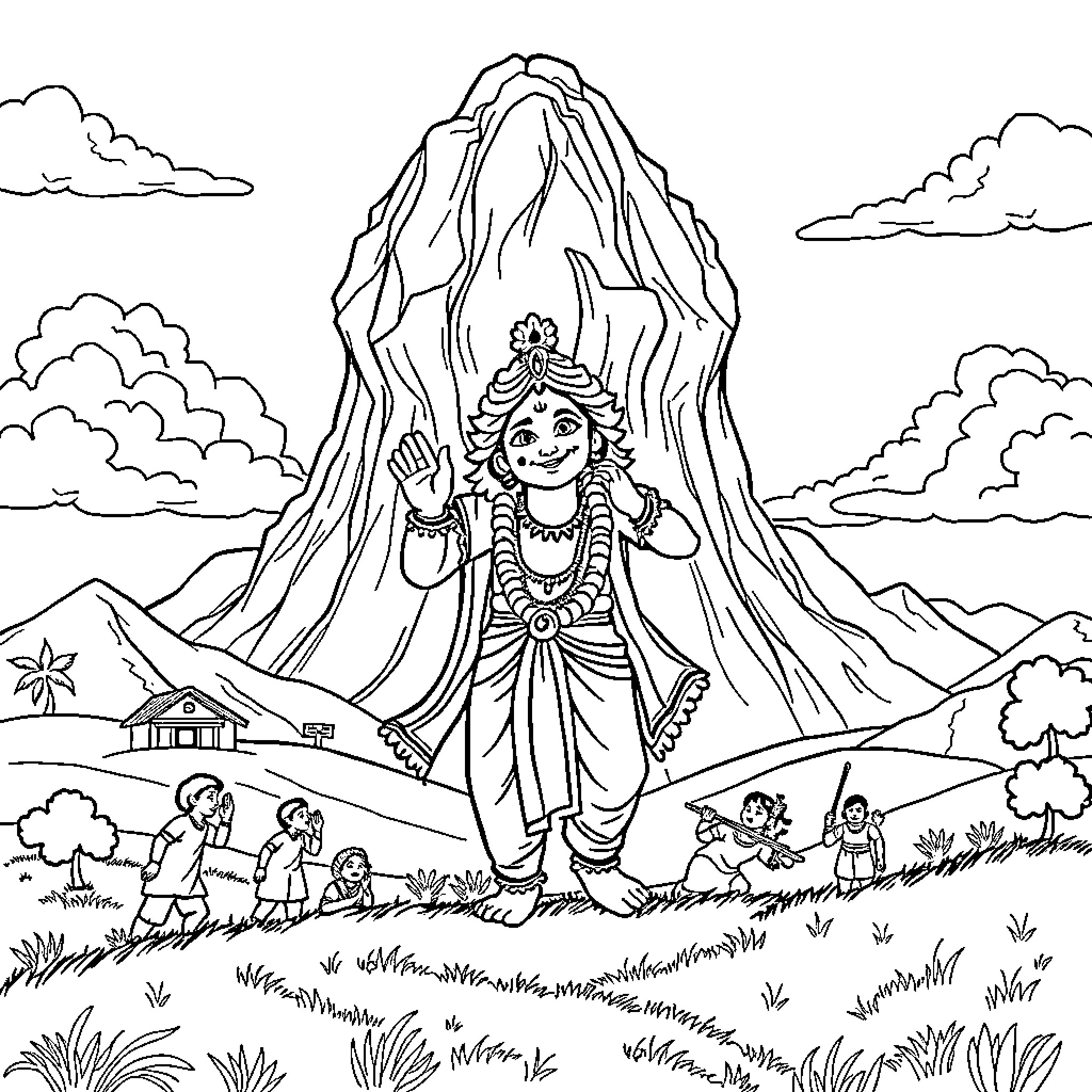Krishna in Serene Mountain Landscape Coloring Page (free black-and-white line drawing printable PDF for all, from beginners to advanced learners, including children, teens, adults, and seniors)