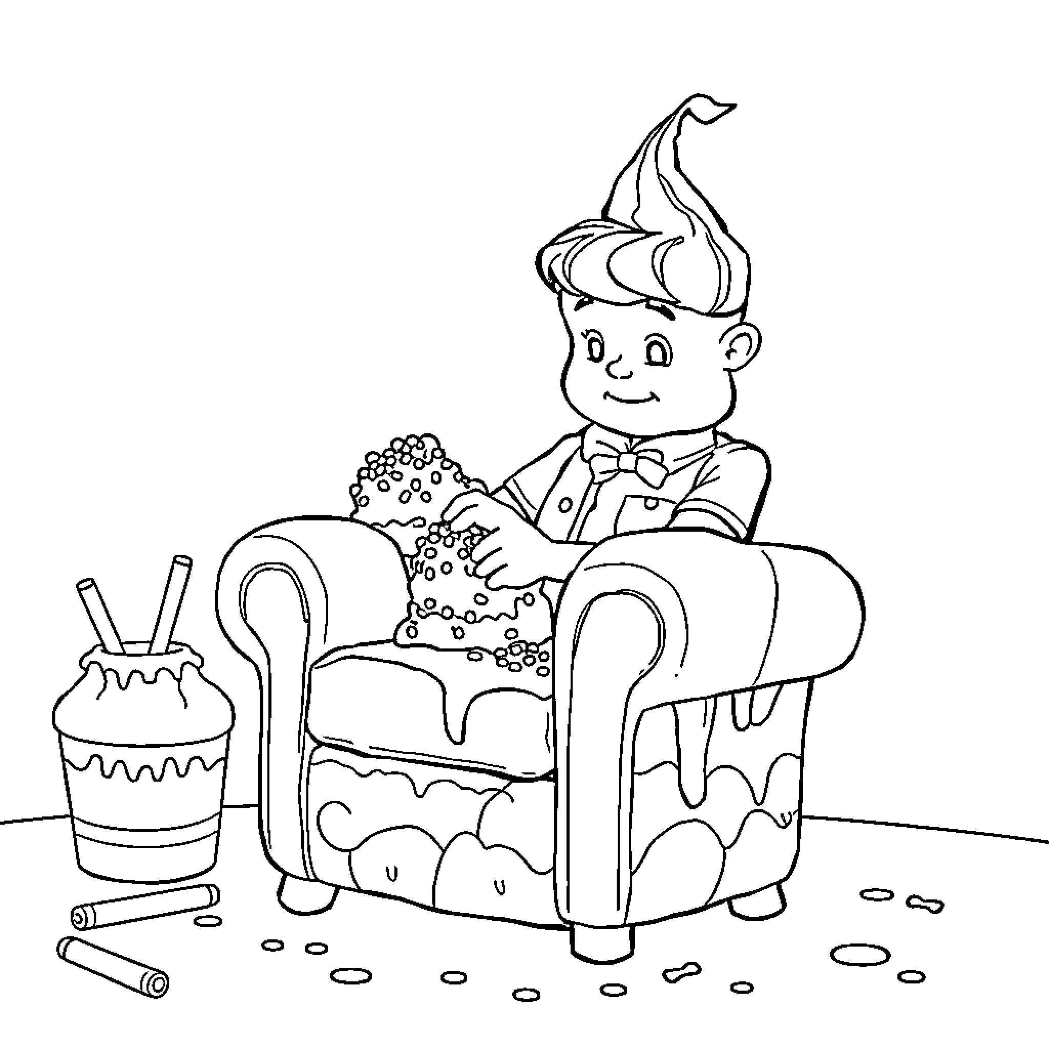 Sam Fisher enjoying a sweet treat in a cozy chair Coloring Page (free black-and-white line drawing printable PDF for all, from beginners to advanced learners, including children, teens, adults, and seniors)
