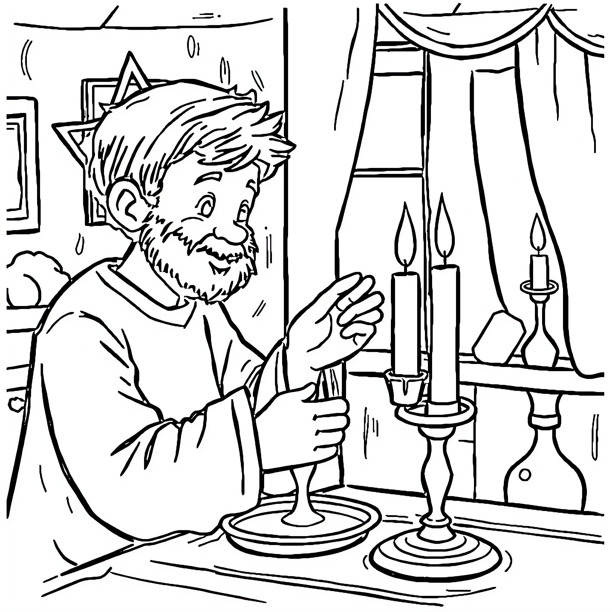 Labubu prays at the altar with candles Coloring Page (free black-and-white line drawing printable PDF for all, from beginners to advanced learners, including children, teens, adults, and seniors)