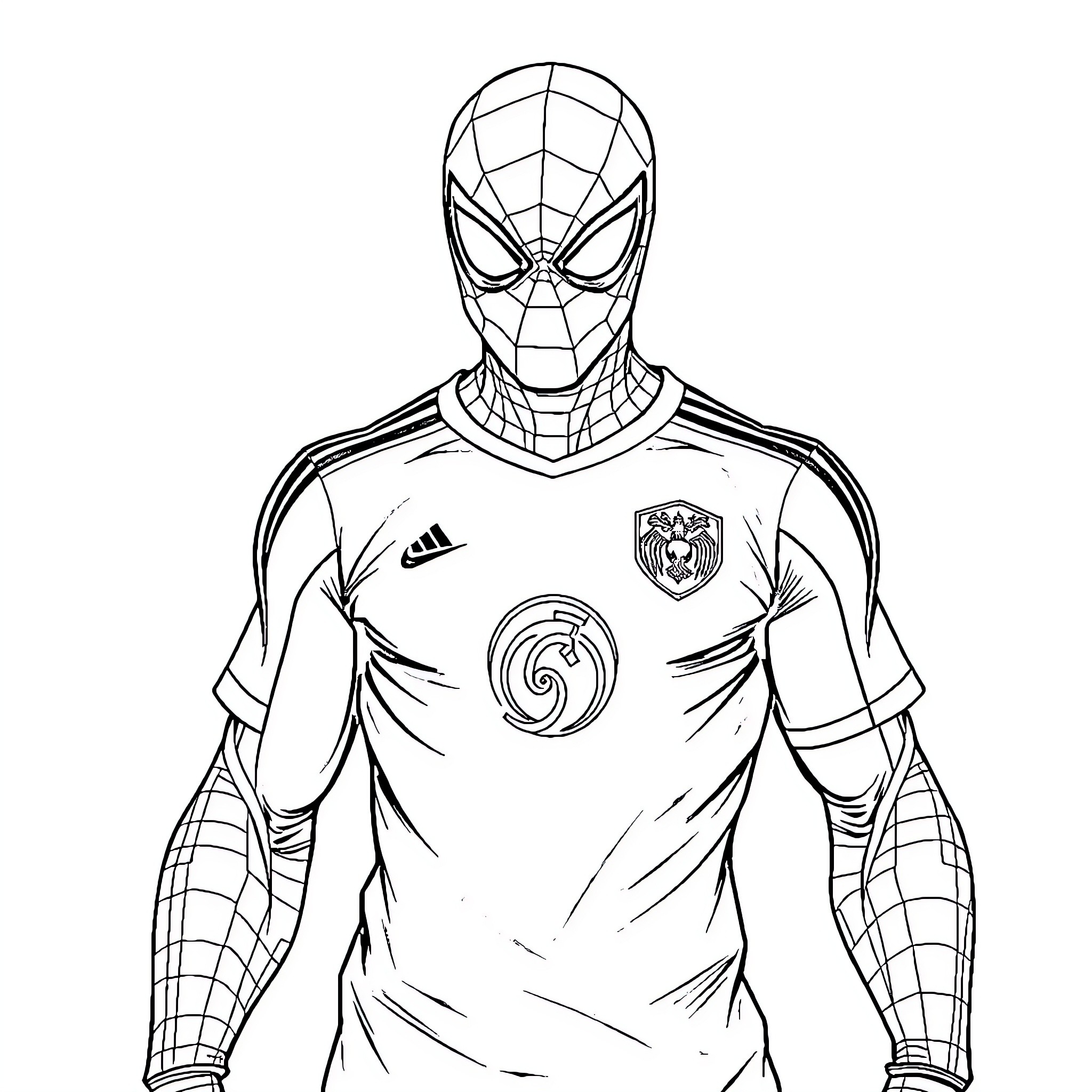 Spiderman in sports jersey action pose Coloring Page (free black-and-white line drawing printable PDF for all, from beginners to advanced learners, including children, teens, adults, and seniors)