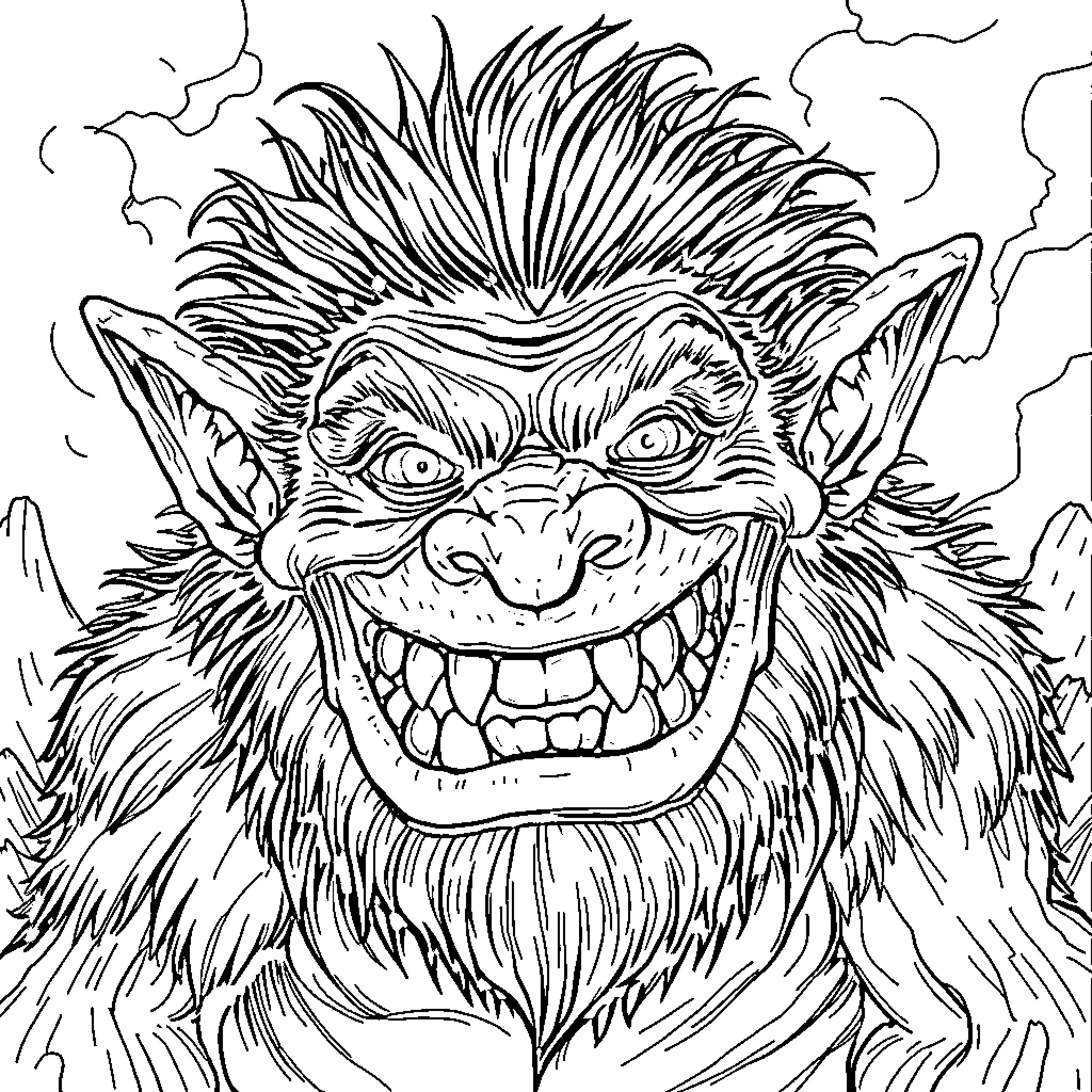 Troll with Menacing Expression and Unkempt Appearance Coloring Page (free black-and-white line drawing printable PDF for all, from beginners to advanced learners, including children, teens, adults, and seniors)