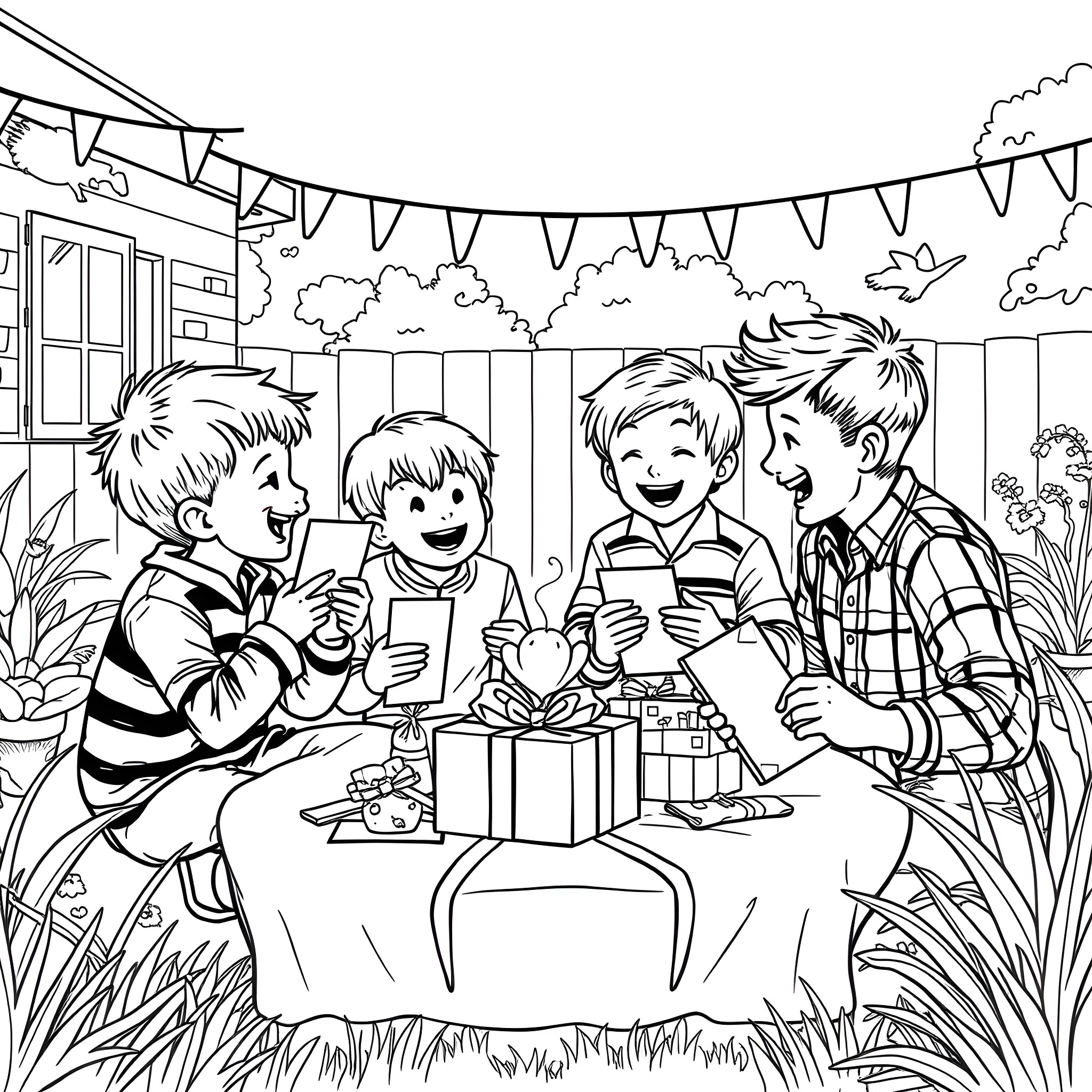 Father's Day Celebration with Family Coloring Page (free black-and-white line drawing printable PDF for all, from beginners to advanced learners, including children, teens, adults, and seniors)