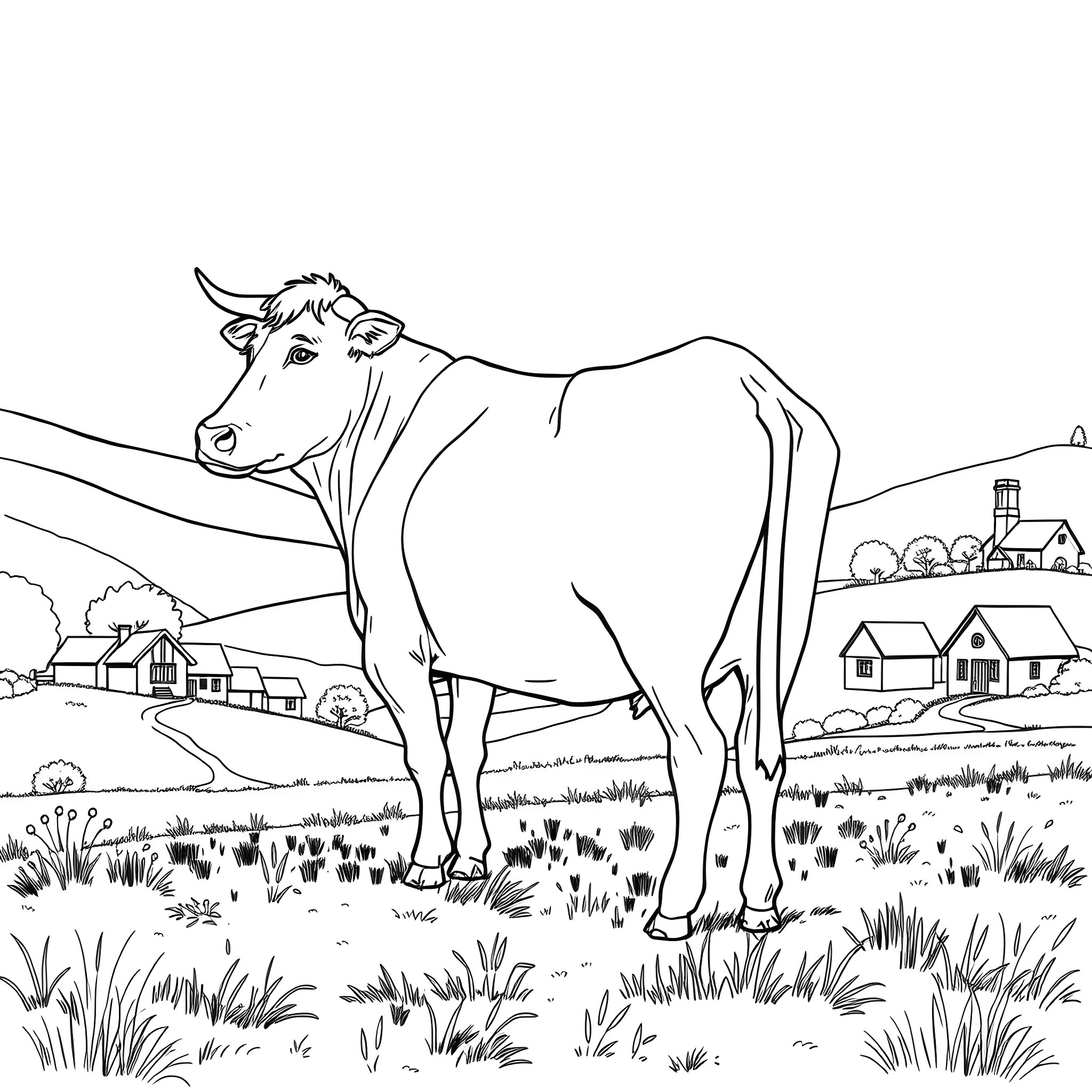 Cow standing in a rural countryside landscape Coloring Page (free black-and-white line drawing printable PDF for all, from beginners to advanced learners, including children, teens, adults, and seniors)