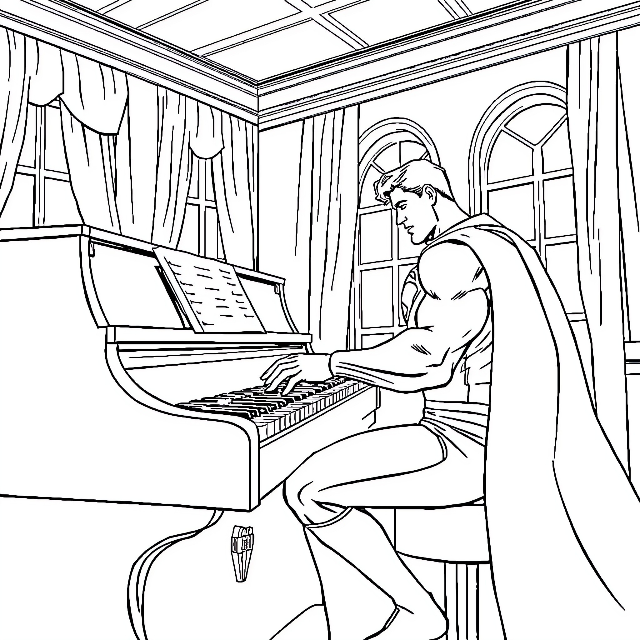 Superman playing piano in elegant room Coloring Page (free black-and-white line drawing printable PDF for all, from beginners to advanced learners, including children, teens, adults, and seniors)