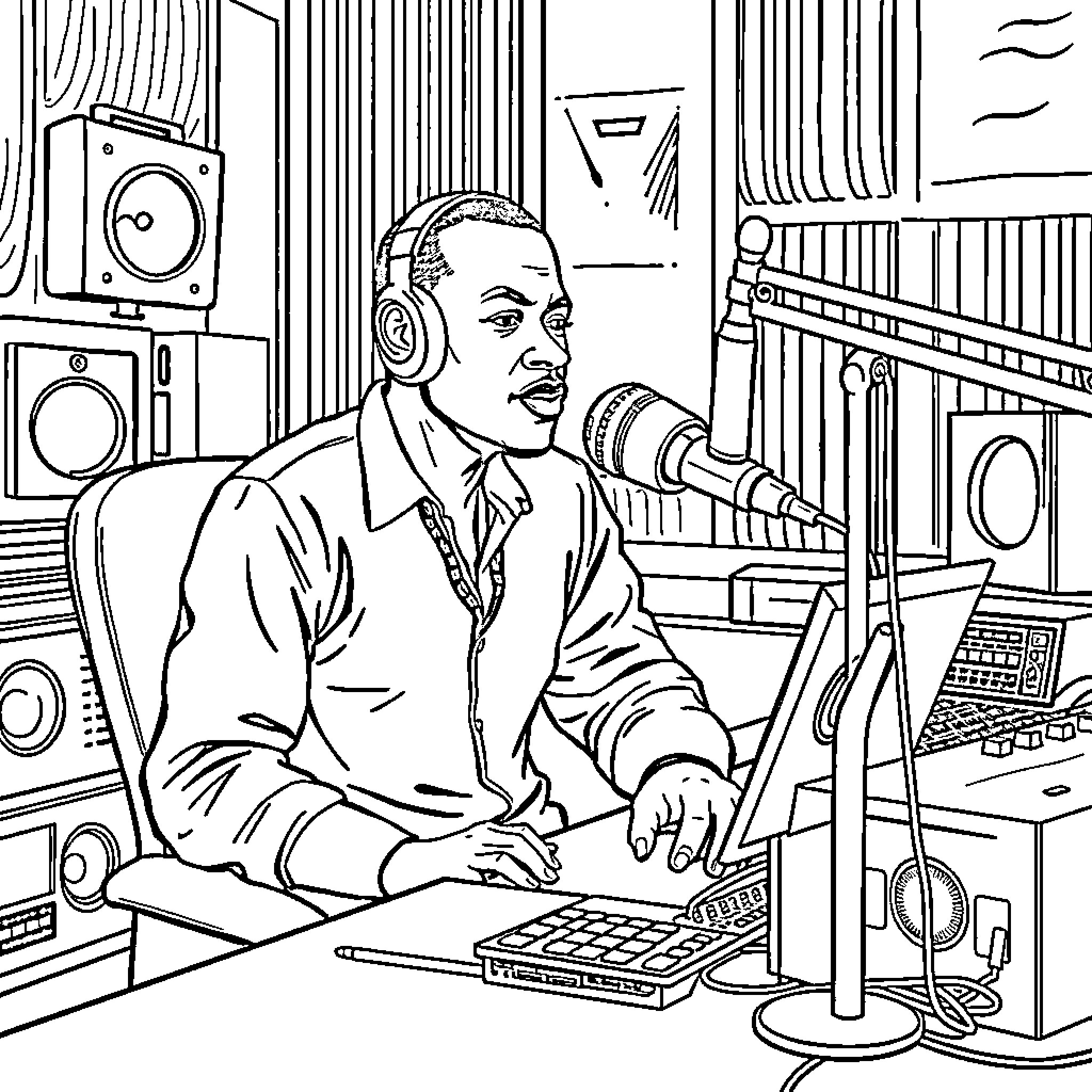 Radio Presenter Hosting a Live Show in a Music Studio Coloring Page (free black-and-white line drawing printable PDF for all, from beginners to advanced learners, including children, teens, adults, and seniors)