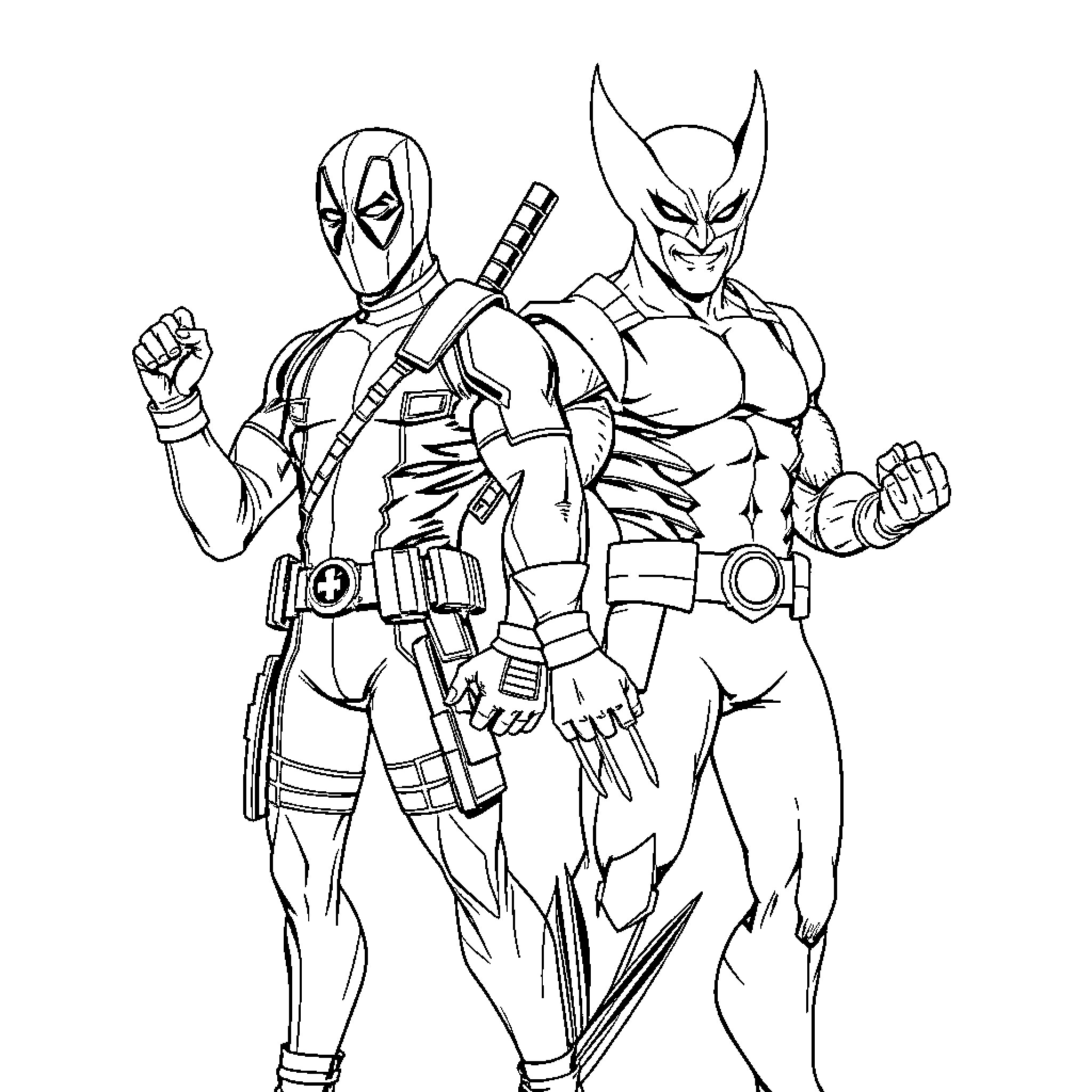 Deadpool and Wolverine in Action Poses Coloring Page (free black-and-white line drawing printable PDF for all, from beginners to advanced learners, including children, teens, adults, and seniors)
