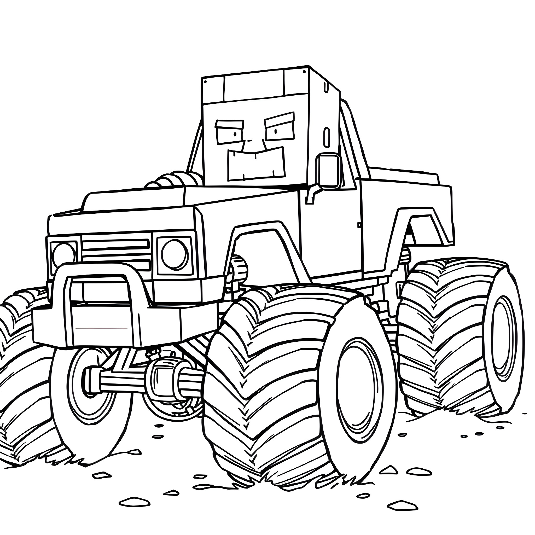 Creeper operating a monstrous tractor Coloring Page (free black-and-white line drawing printable PDF for all, from beginners to advanced learners, including children, teens, adults, and seniors)