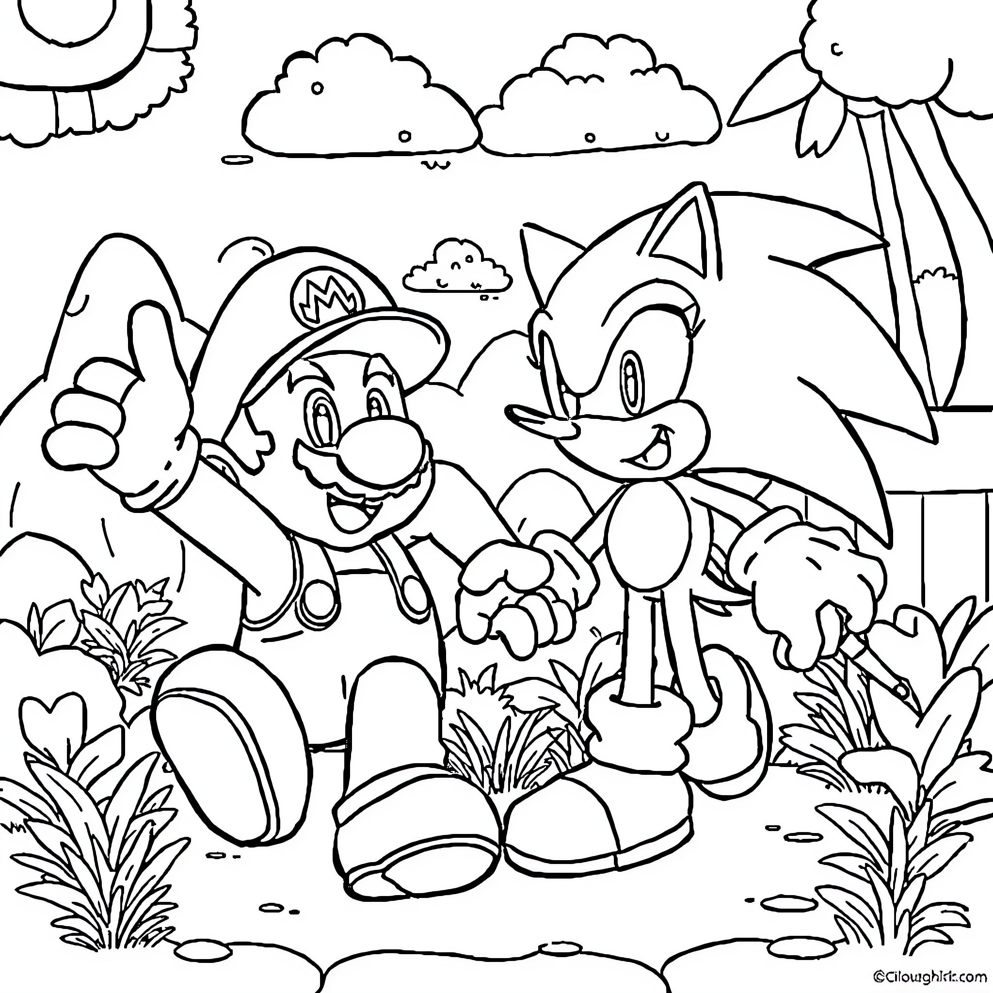 Mario and Sonic's Outdoor Adventure Coloring Page (free black-and-white line drawing printable PDF for all, from beginners to advanced learners, including children, teens, adults, and seniors)