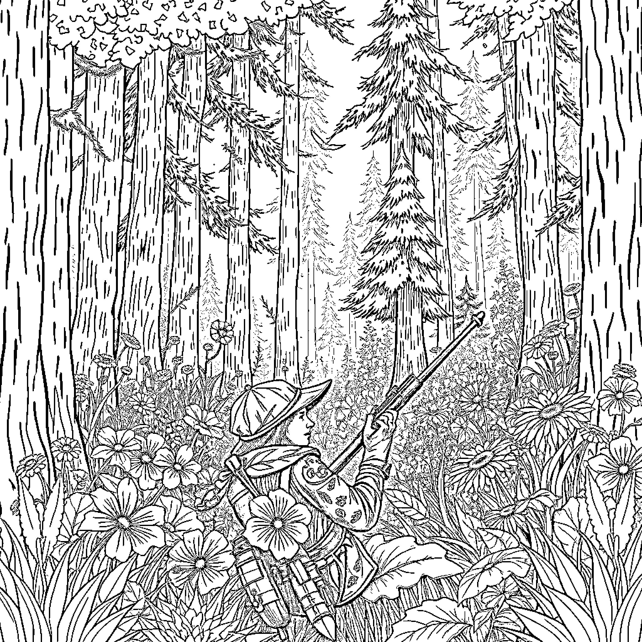 Hunter stalking prey in the dense forest Coloring Page (free black-and-white line drawing printable PDF for all, from beginners to advanced learners, including children, teens, adults, and seniors)