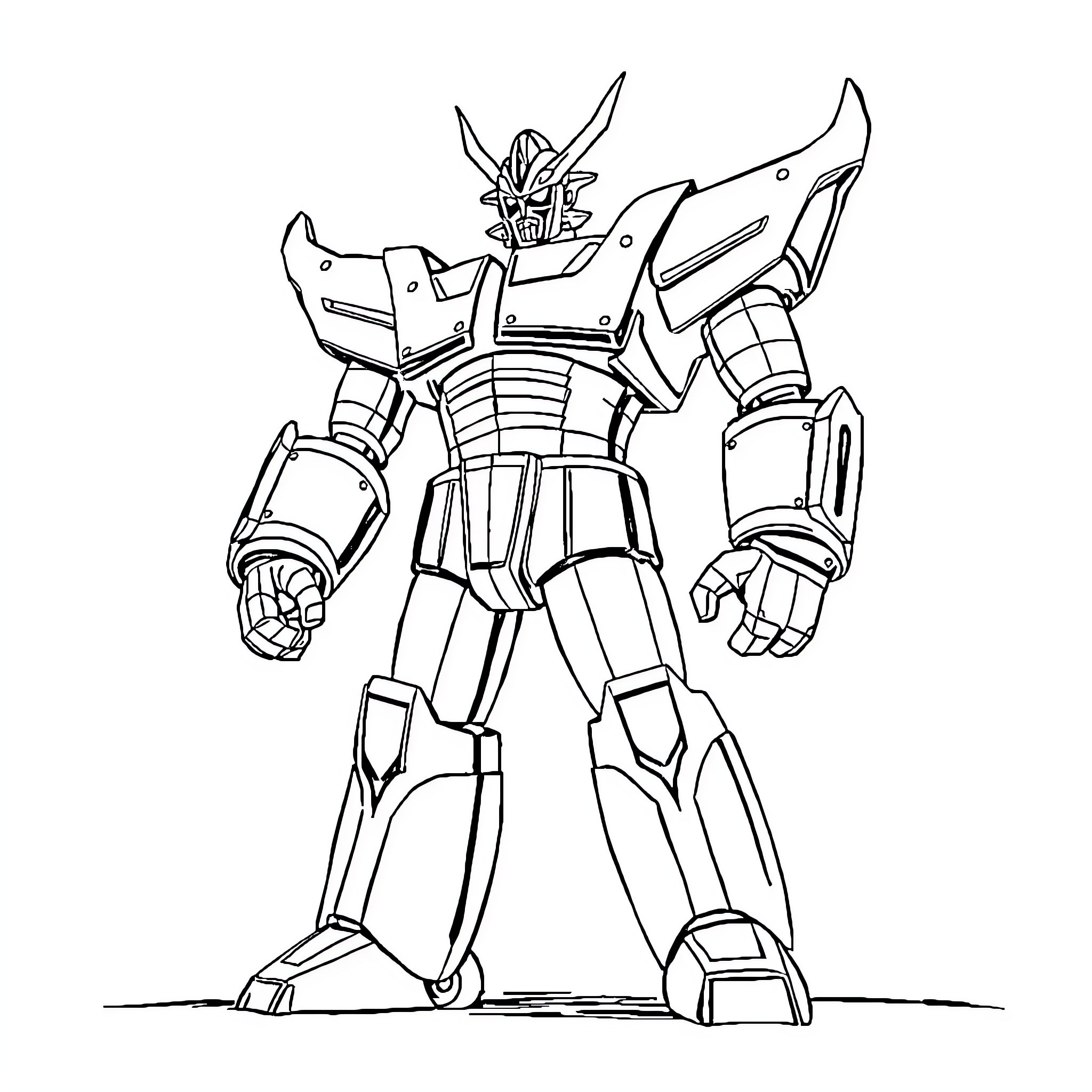 Mazinger Z robot in heroic pose Coloring Page (free black-and-white line drawing printable PDF for all, from beginners to advanced learners, including children, teens, adults, and seniors)