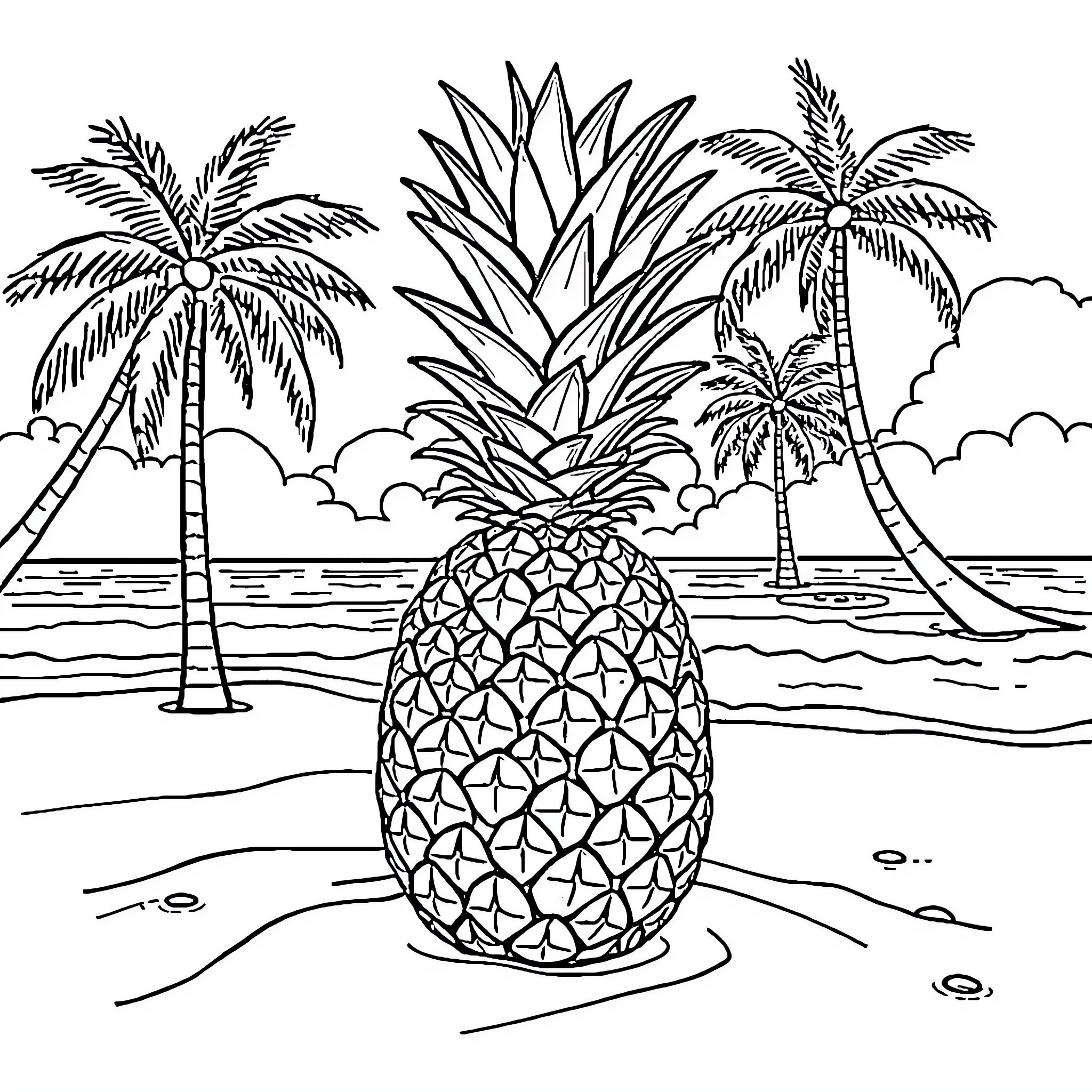 Pineapple paradise with tropical scenery Coloring Page (free black-and-white line drawing printable PDF for all, from beginners to advanced learners, including children, teens, adults, and seniors)