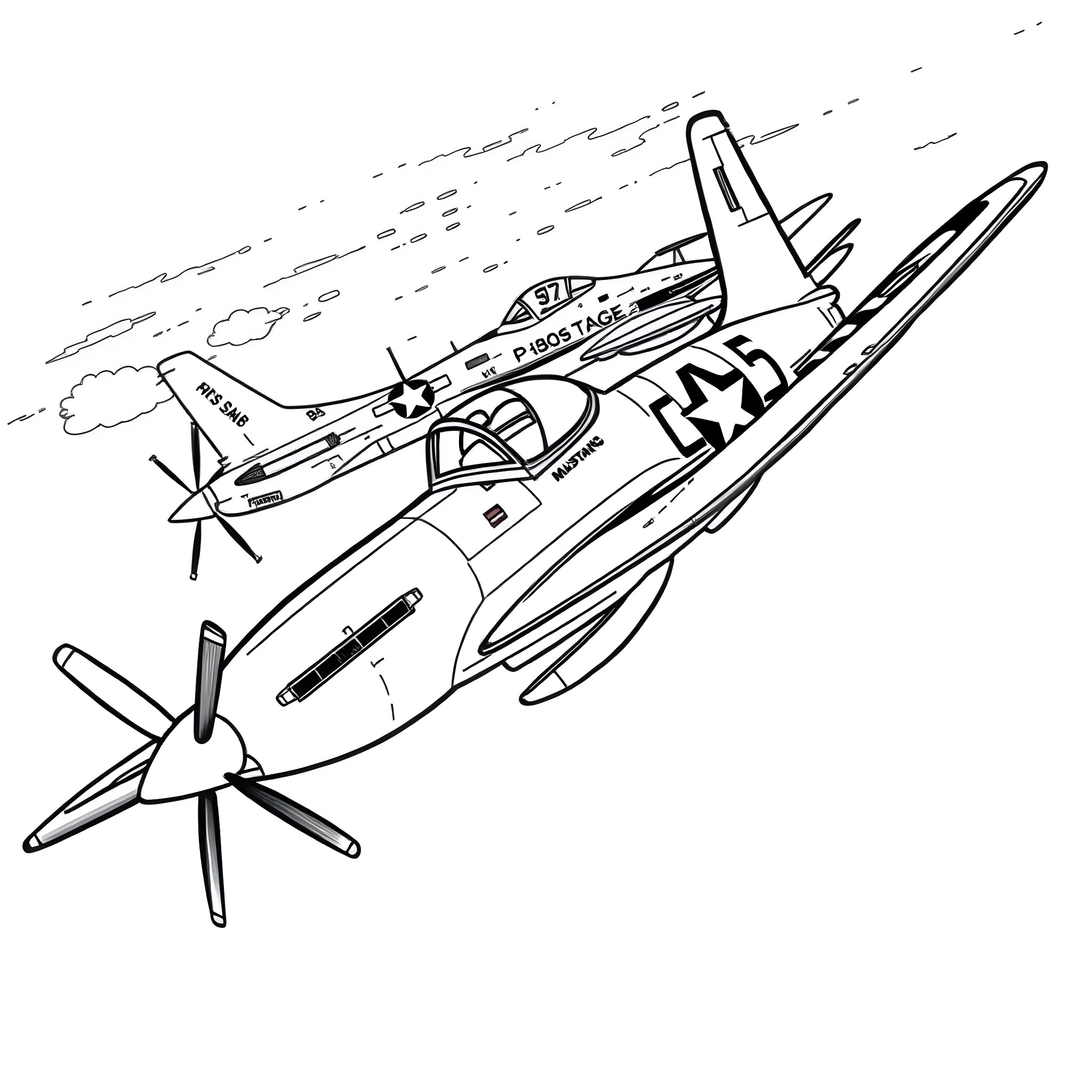 P-51 Mustang fighter plane in flight Coloring Page (free black-and-white line drawing printable PDF for all, from beginners to advanced learners, including children, teens, adults, and seniors)