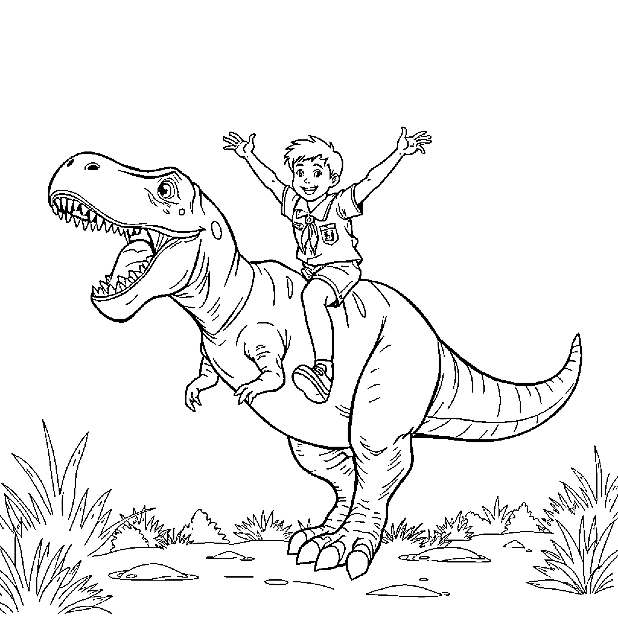 Boy Scout adventures with a friendly dinosaur Coloring Page (free black-and-white line drawing printable PDF for all, from beginners to advanced learners, including children, teens, adults, and seniors)