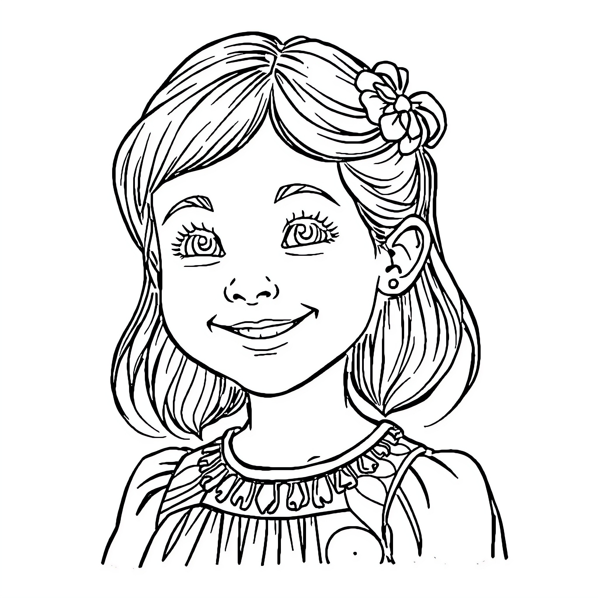 Girl with floral hair accessory and friendly expression Coloring Page (free black-and-white line drawing printable PDF for all, from beginners to advanced learners, including children, teens, adults, and seniors)