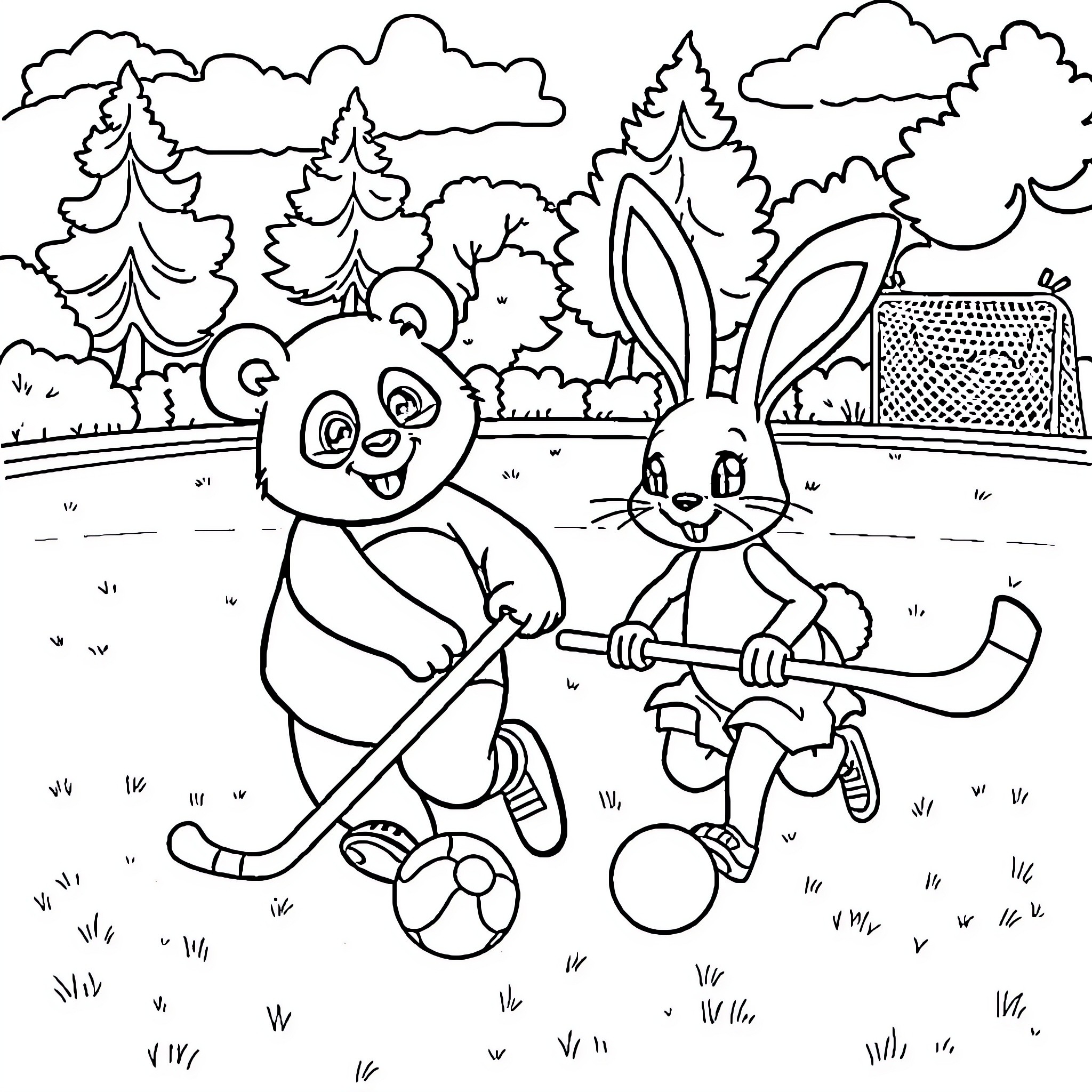 Panda and Rabbit Playing Sports in Forest Coloring Page (free black-and-white line drawing printable PDF for all, from beginners to advanced learners, including children, teens, adults, and seniors)