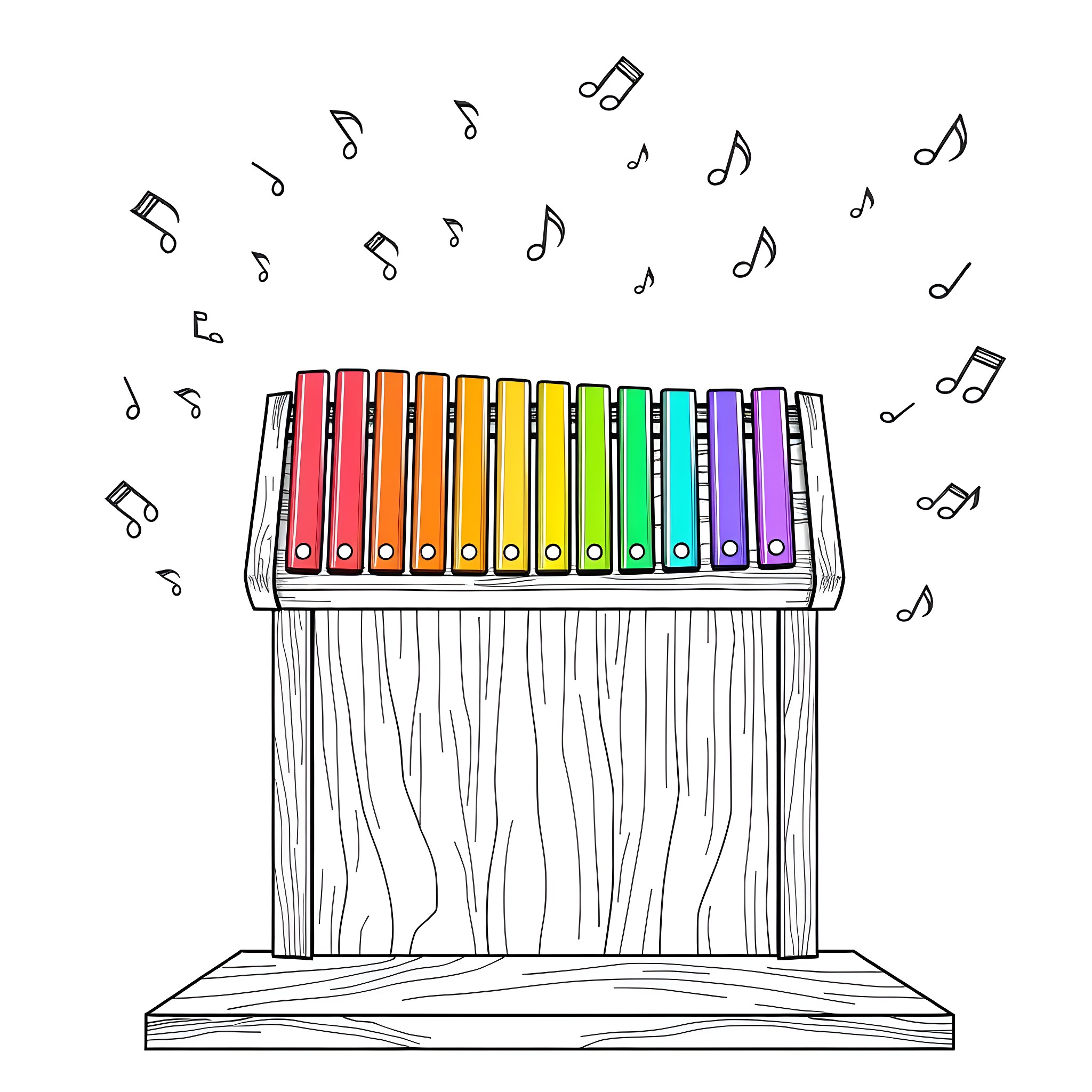Xylophone with rainbow-colored keys and musical notes Coloring Page (free black-and-white line drawing printable PDF for all, from beginners to advanced learners, including children, teens, adults, and seniors)