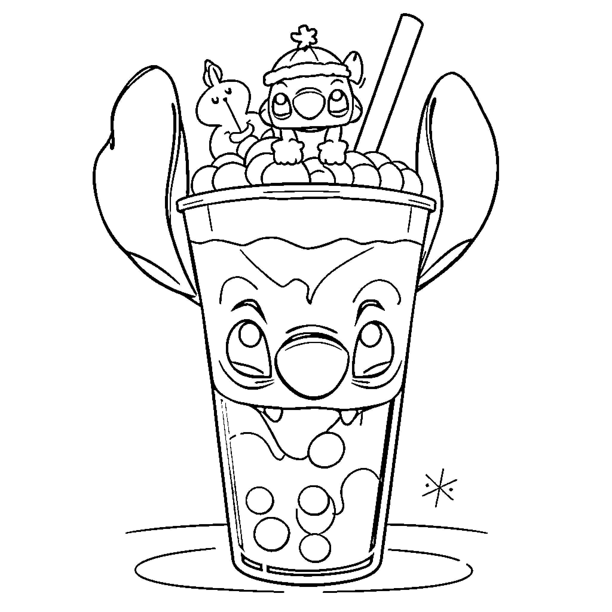 Stitch enjoying a sweet ice cream treat Coloring Page (free black-and-white line drawing printable PDF for all, from beginners to advanced learners, including children, teens, adults, and seniors)