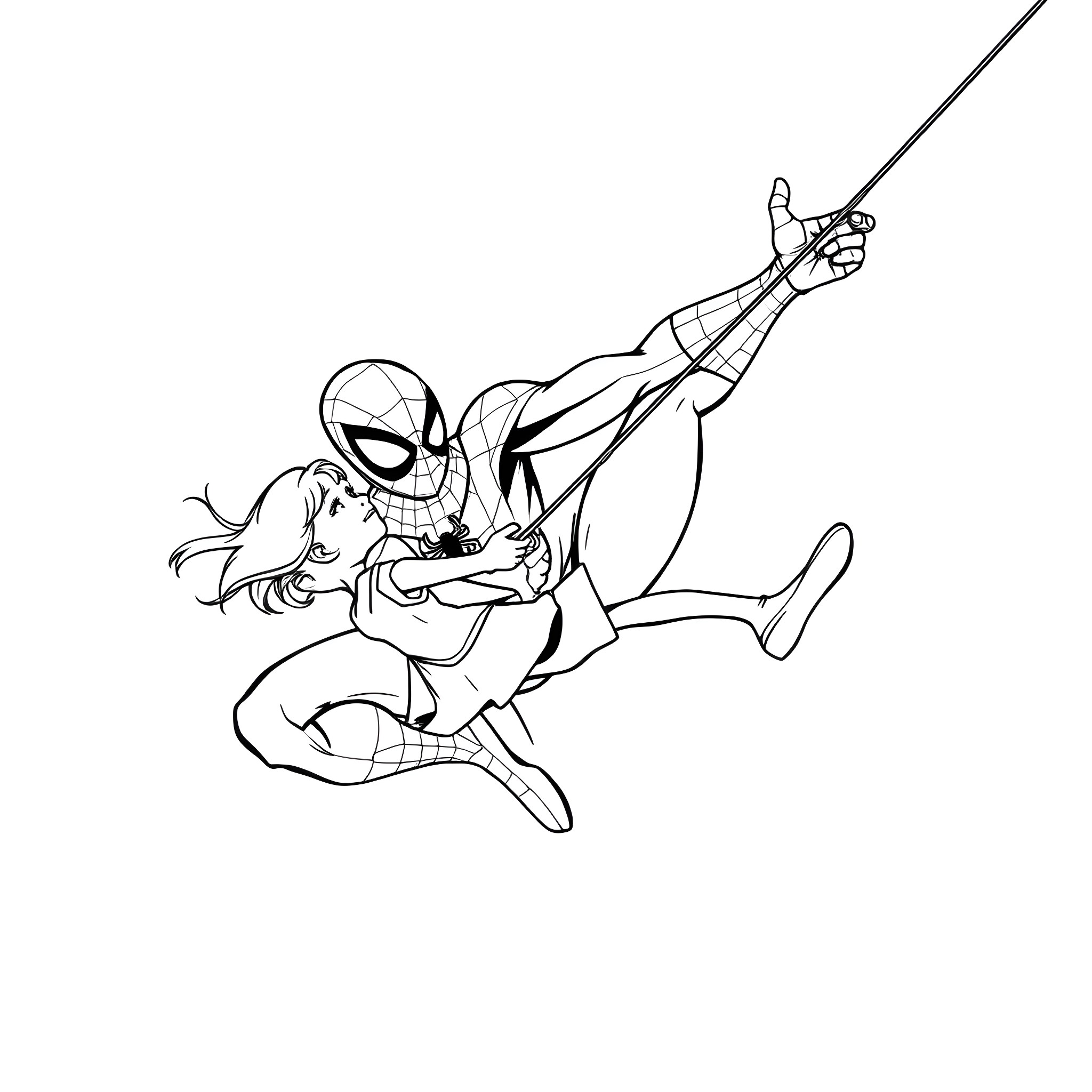 Spider-Man swinging through the city with dynamism Coloring Page (free black-and-white line drawing printable PDF for all, from beginners to advanced learners, including children, teens, adults, and seniors)